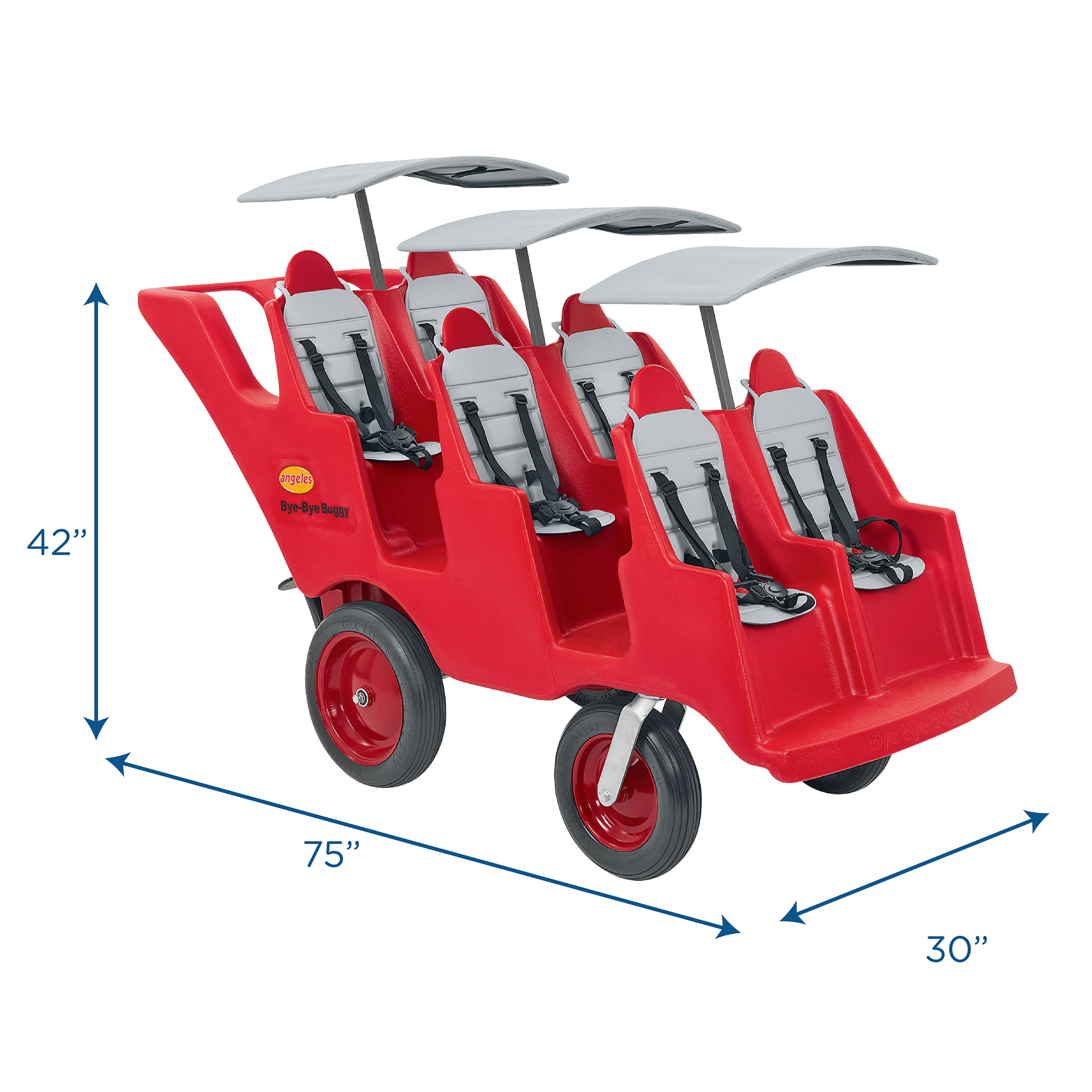 Red six-seater stroller with dimensions labeled on a white background