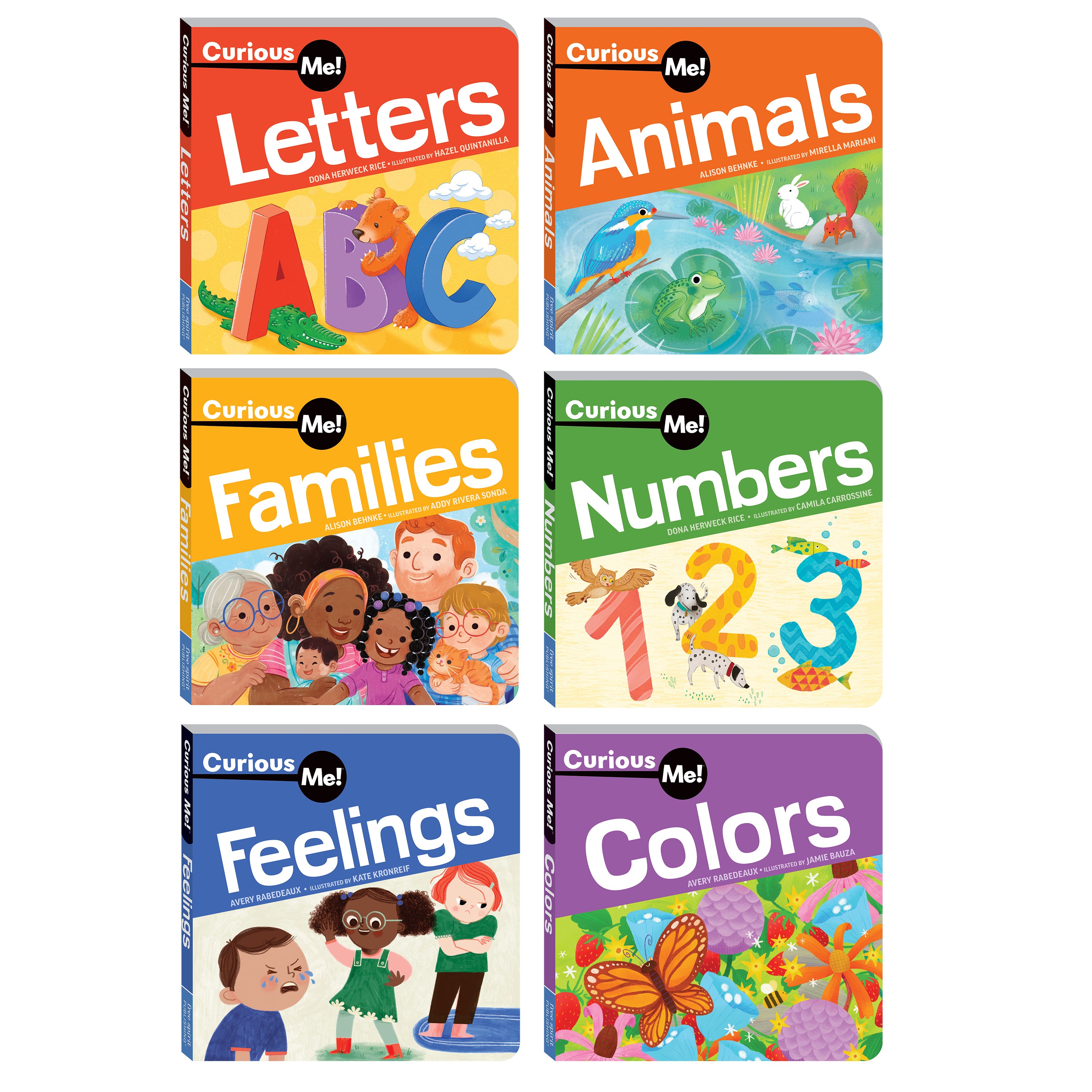 Set of educational books for children on various topics including letters, animals, families, numbers, feelings, and colors.