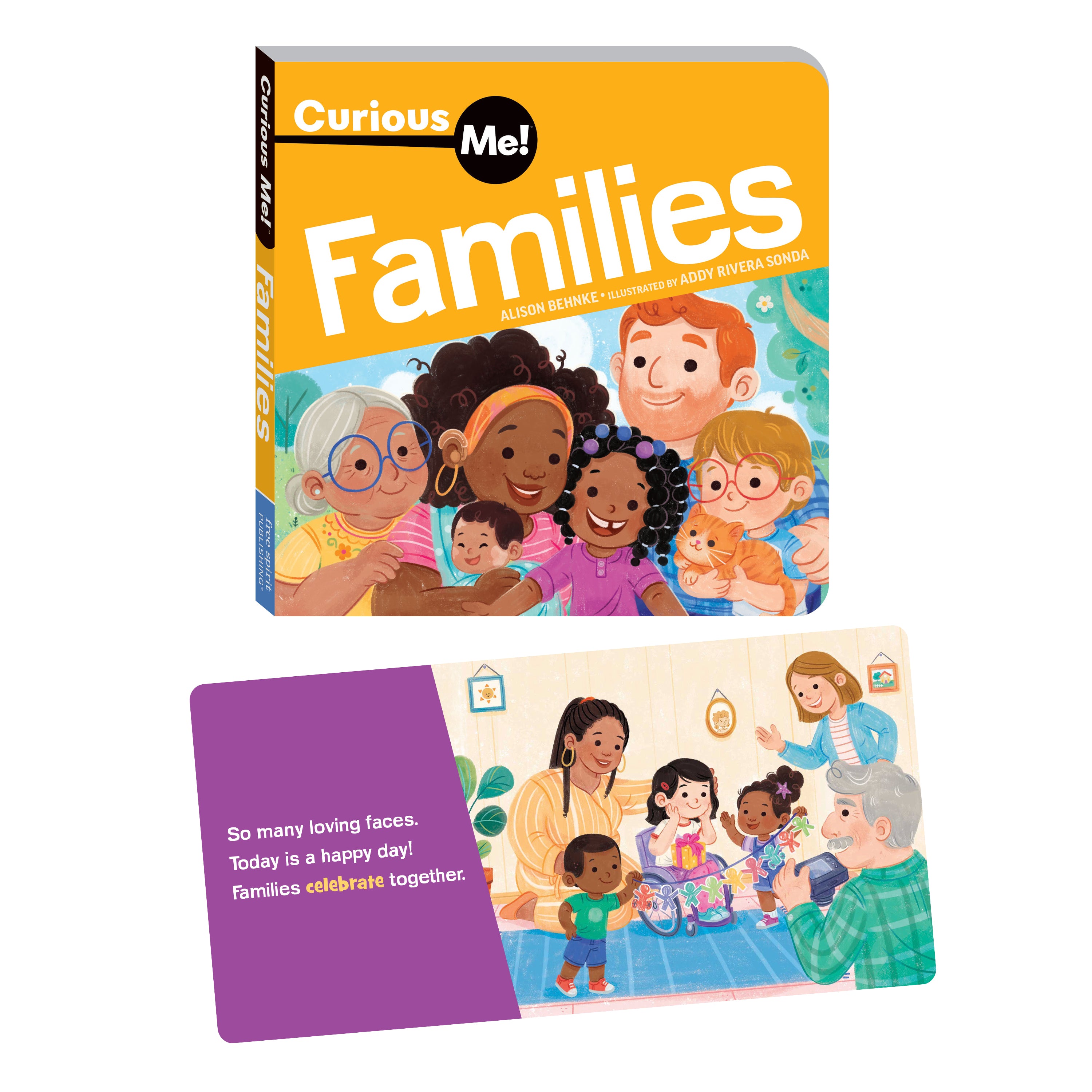 Children's book titled 'Families' from the series 'Curious Me' with a colorful cover and additional page showing a family scene.