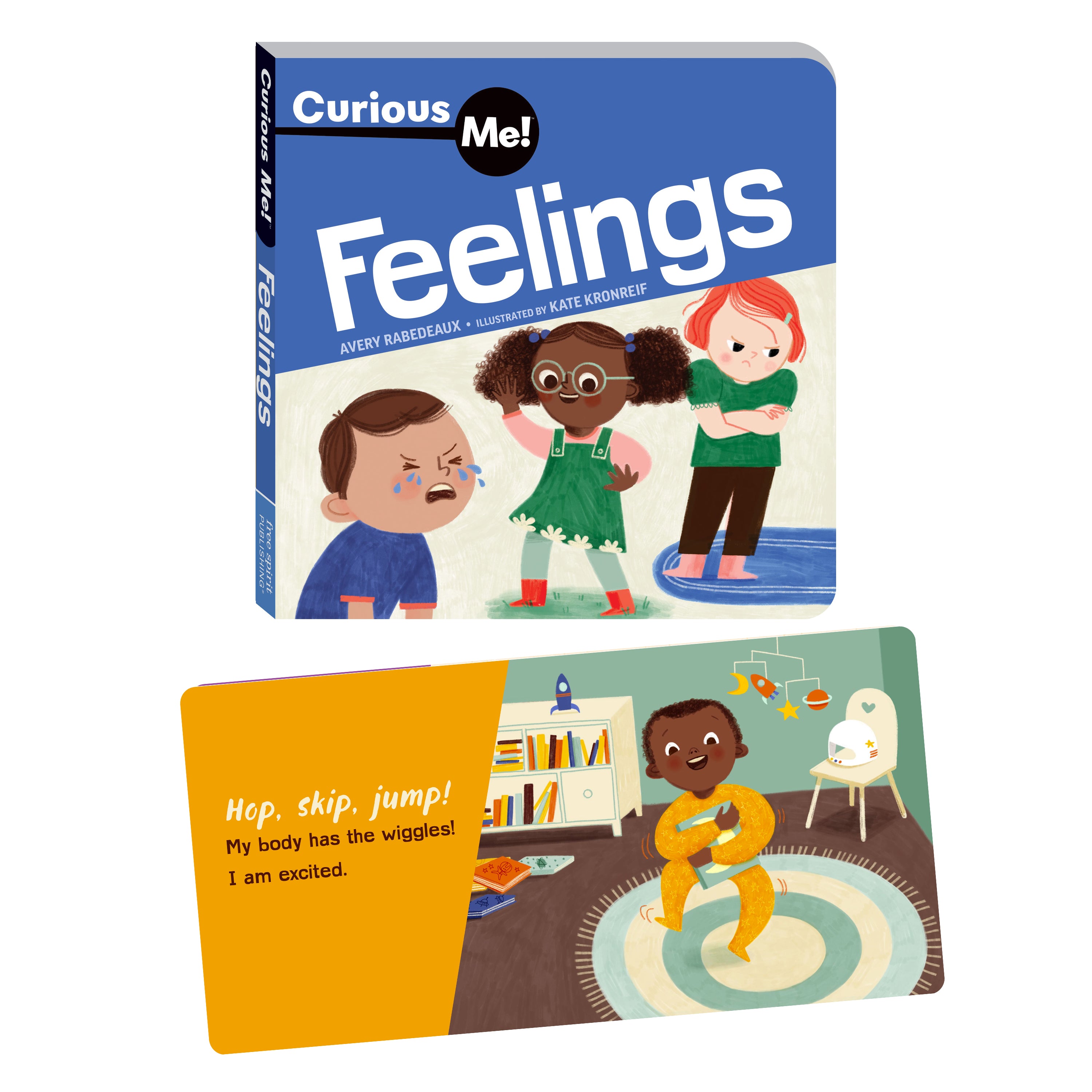 Children's book titled 'Feelings' with illustrations on a white background