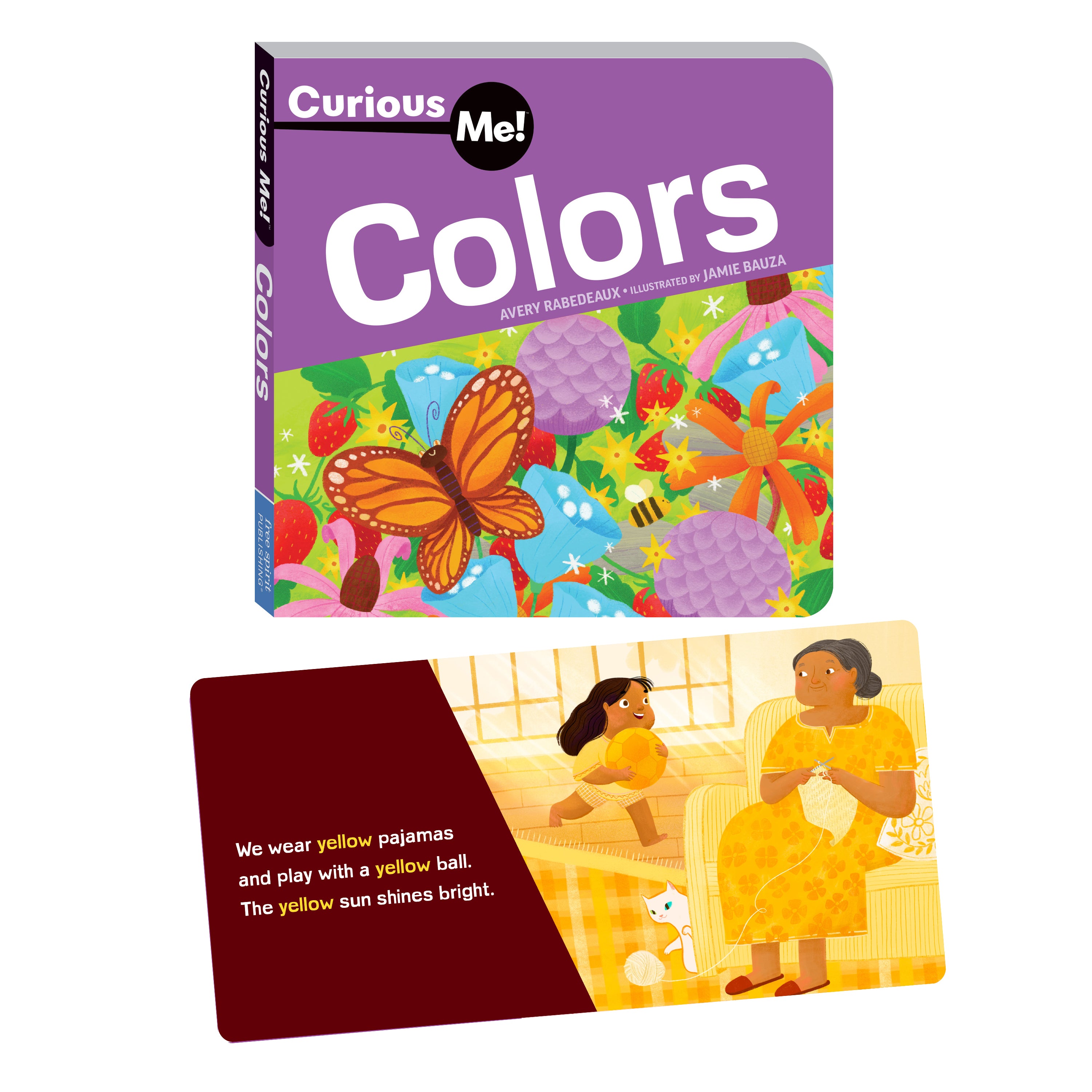 Children's book titled 'Curious Me! Colors' with a colorful cover and a smaller inset showing two children in yellow.