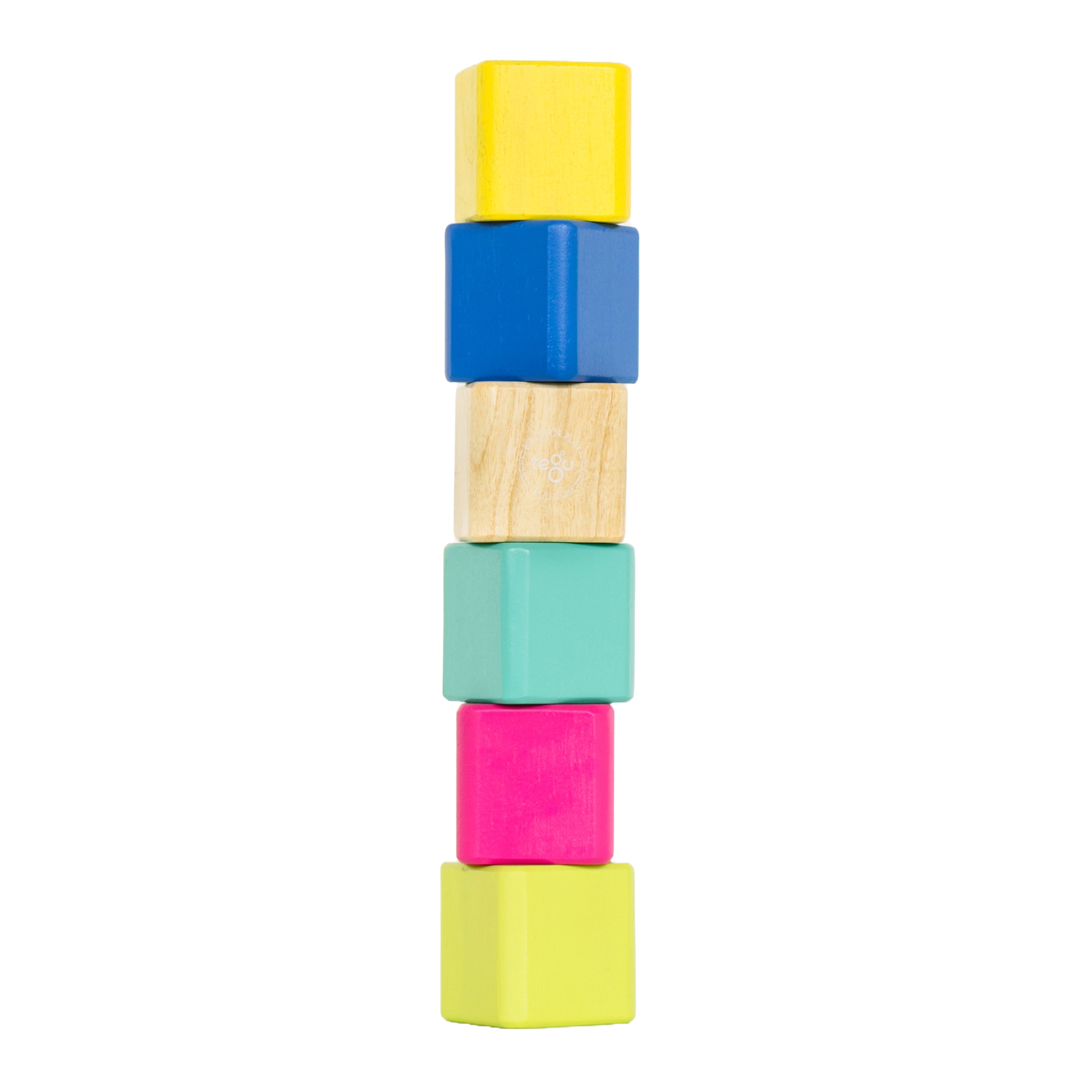 Stack of colorful wooden blocks on a white background