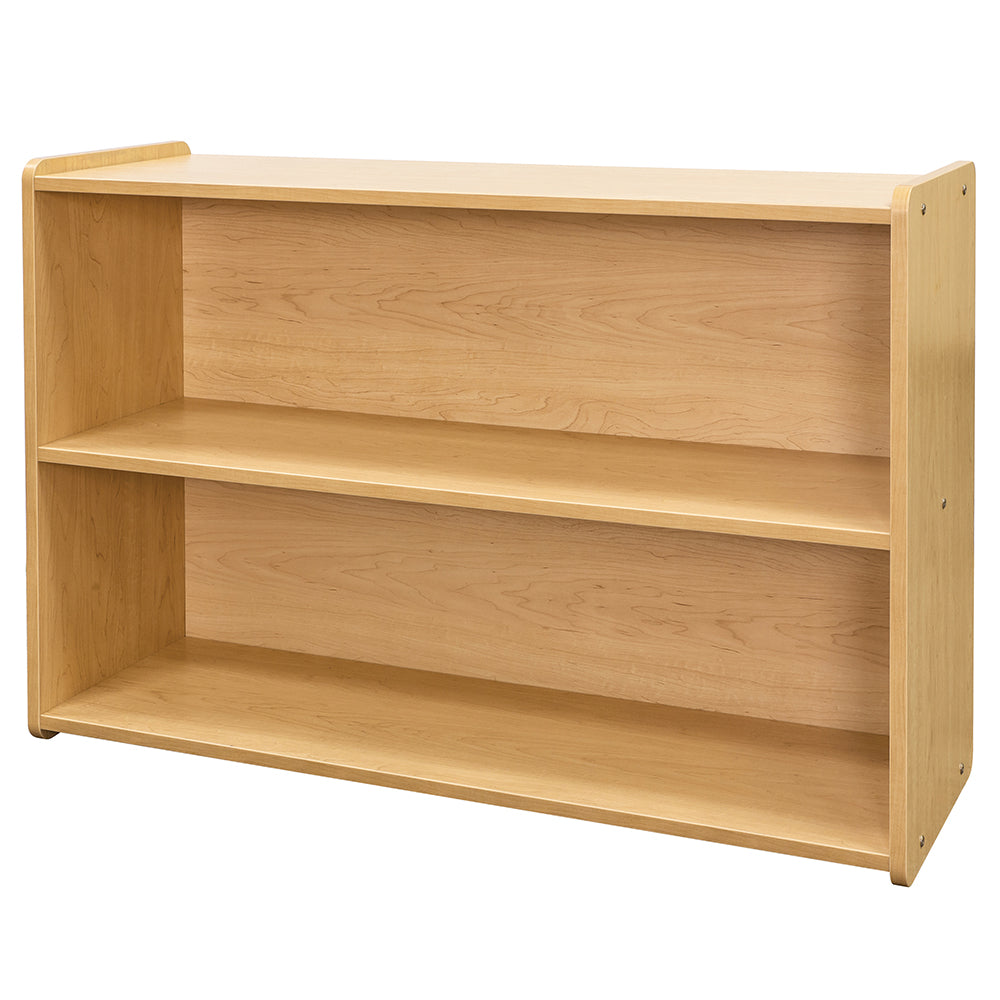 Side View of Maple-Toned Preschool Storage Shelf