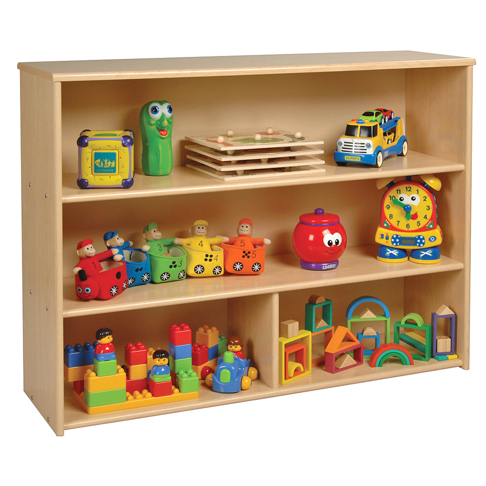 Using Maple-Toned Classroom Tall Storage Shelf with 3 Fixed Shelves to Store Toys