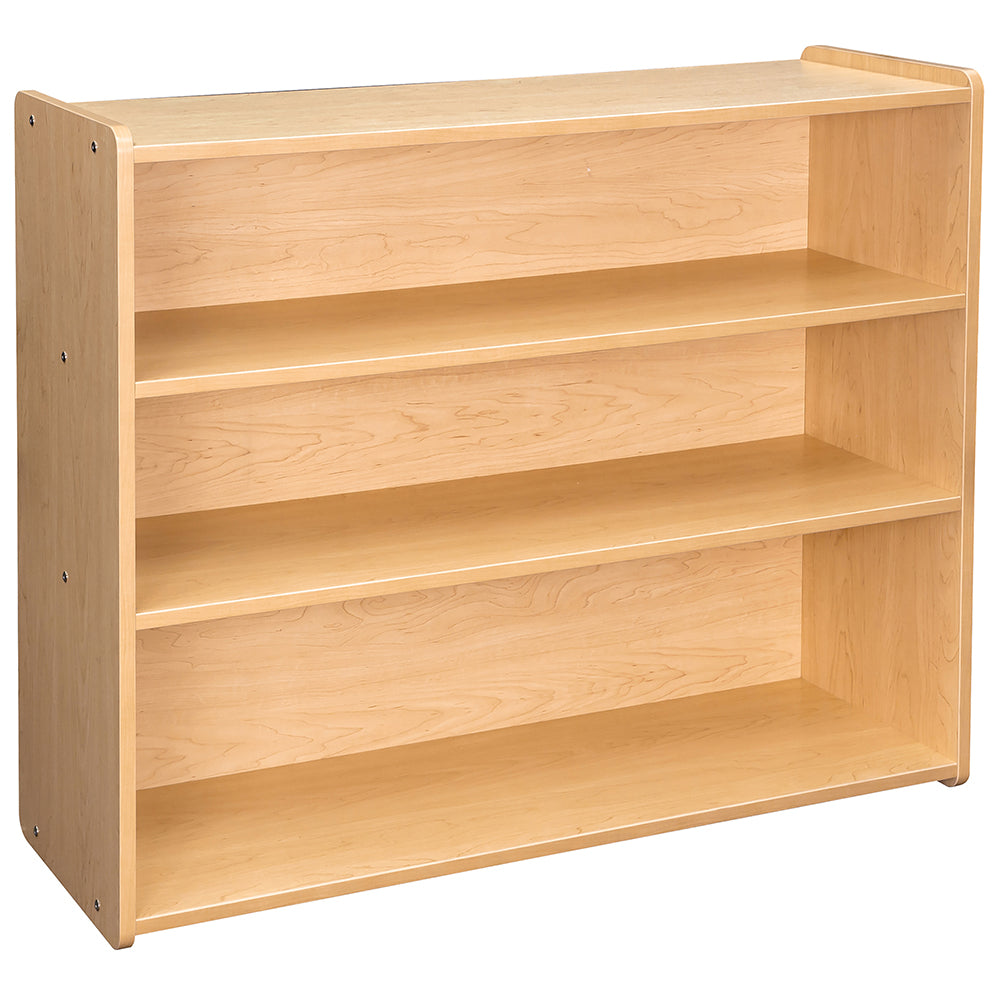 Side View of Maple-Toned Classroom Tall Storage Shelf with 3 Fixed Shelves