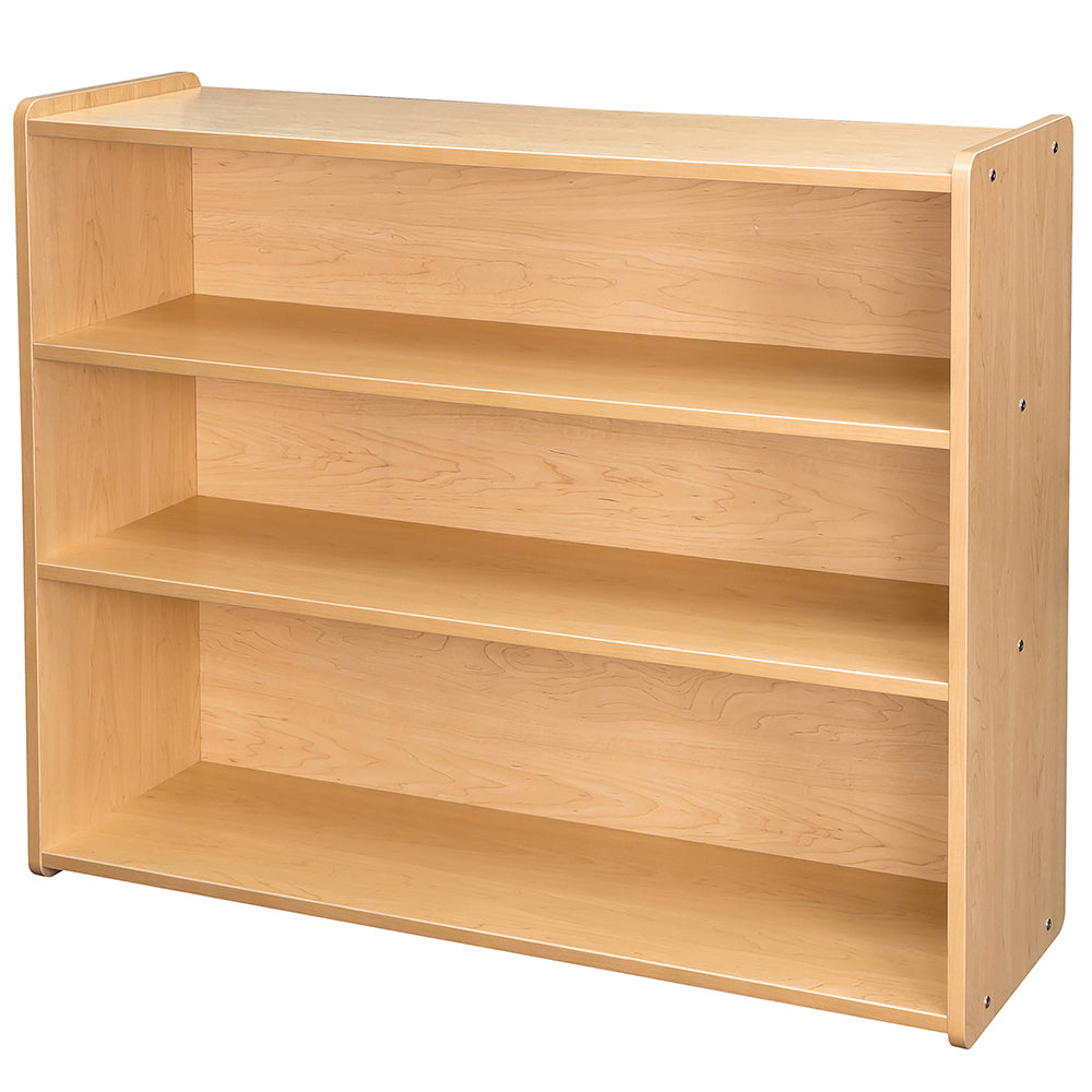 Different Side View of Maple-Toned Classroom Tall Storage Shelf with 3 Fixed Shelves