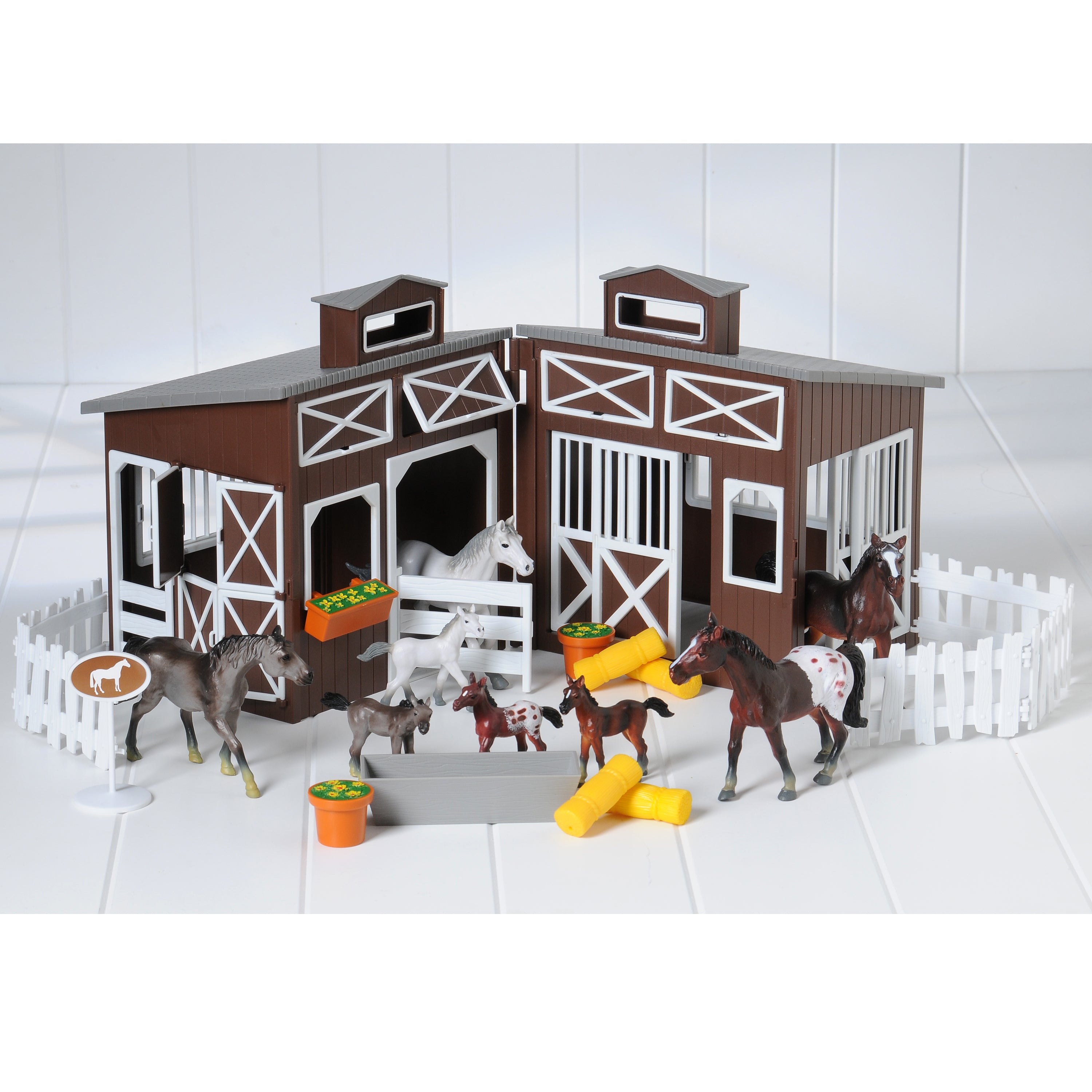 Deluxe Horse Stable Play Set | 4 Horses, 4 Ponies, White Corral & Accessories