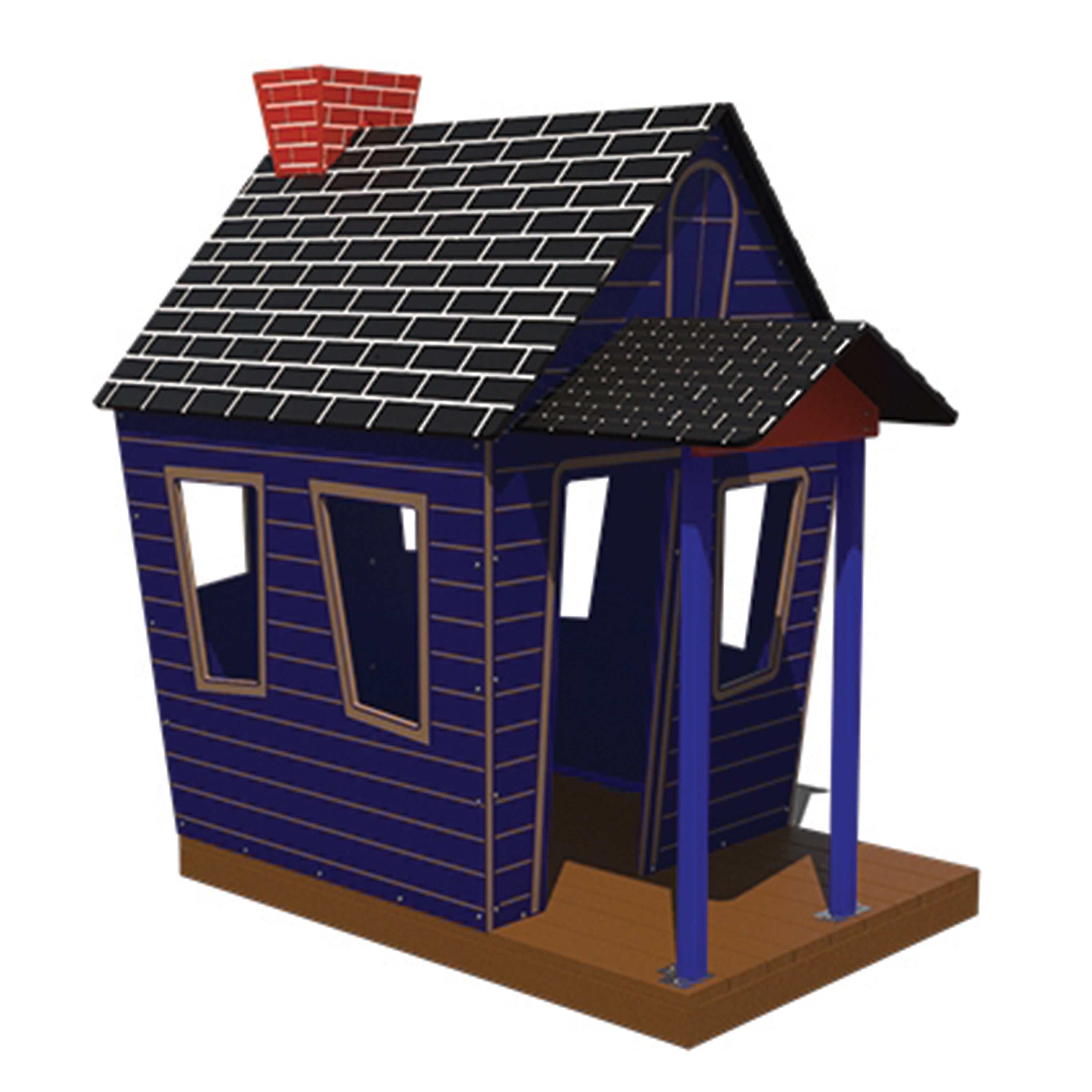 Model of a small house with a blue exterior and black roof on a white background