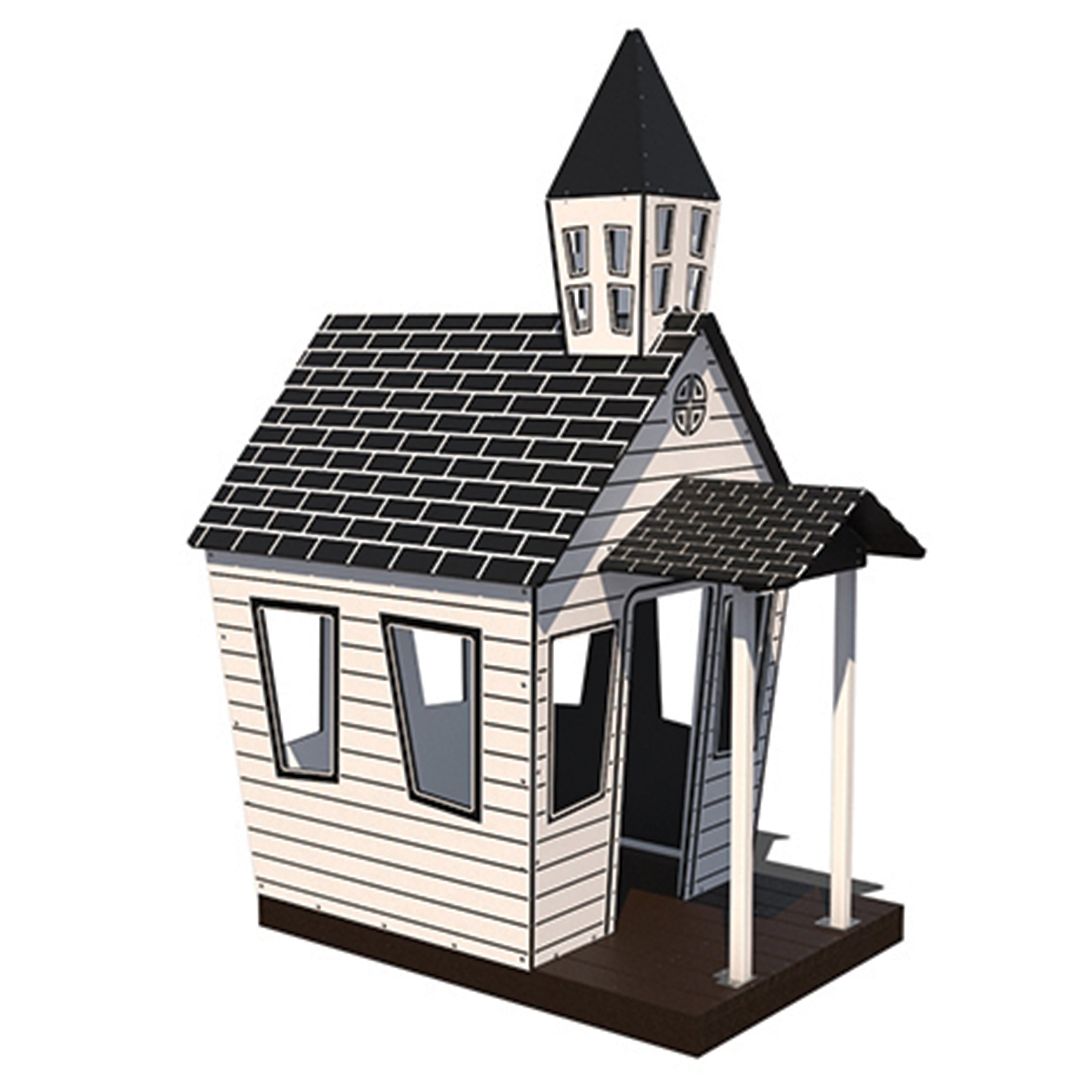 Model of a small church with a steeple on a white background