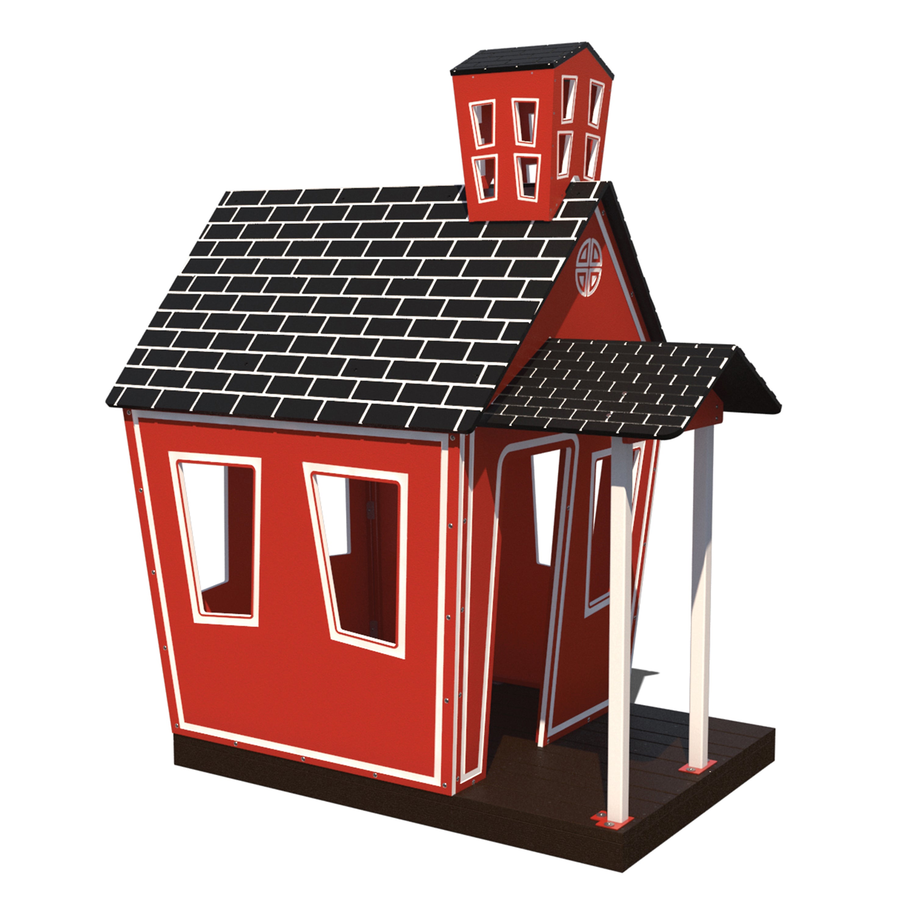Red playhouse with a black roof on a white background