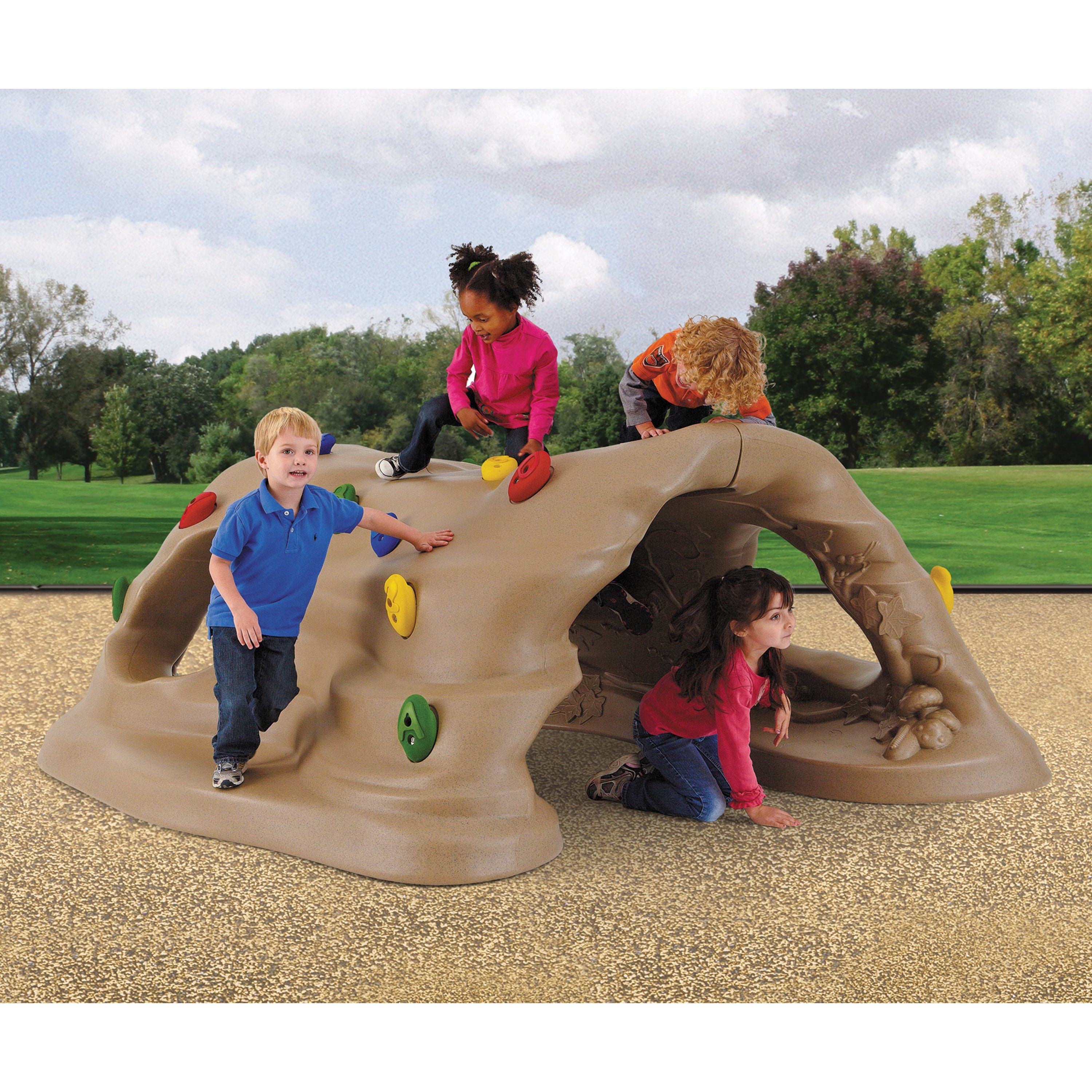 Children playing on a playground climbing structure with a natural background