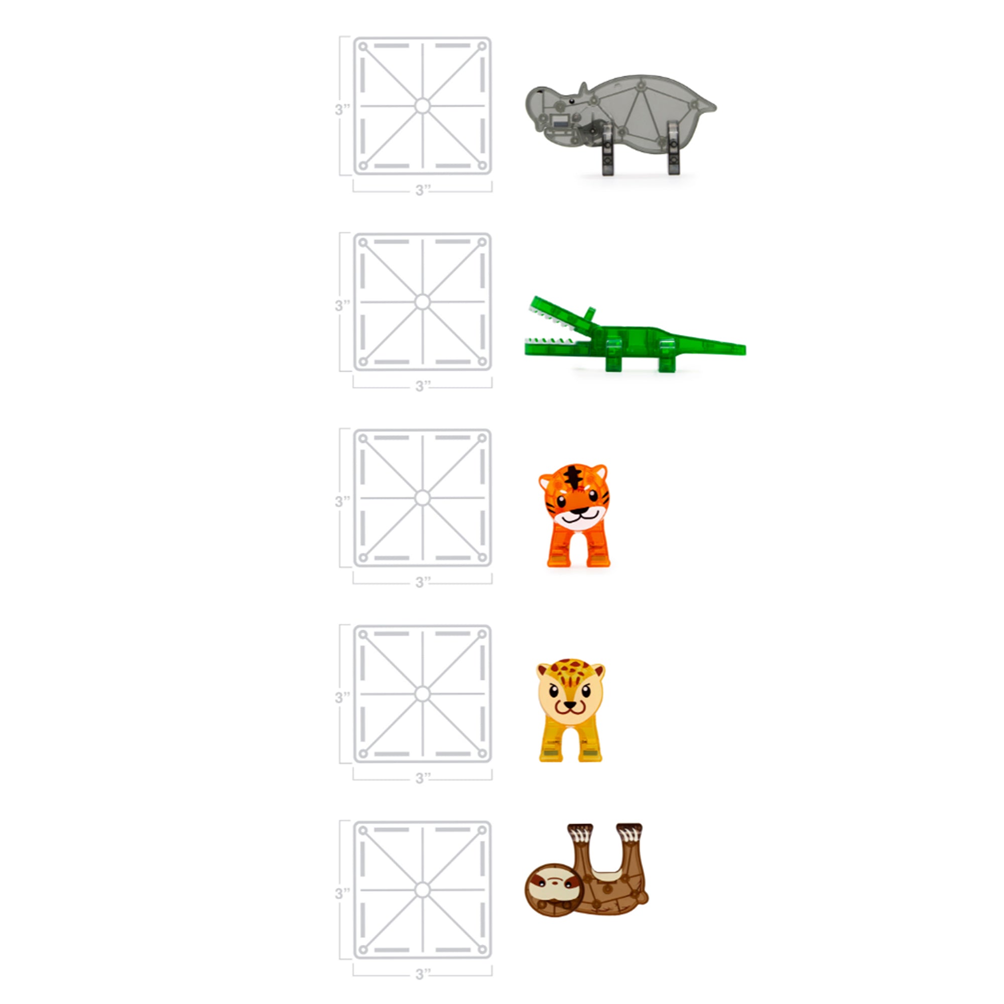 Set of toy animals including a hippo, crocodile, tiger, and sloth on a white background.