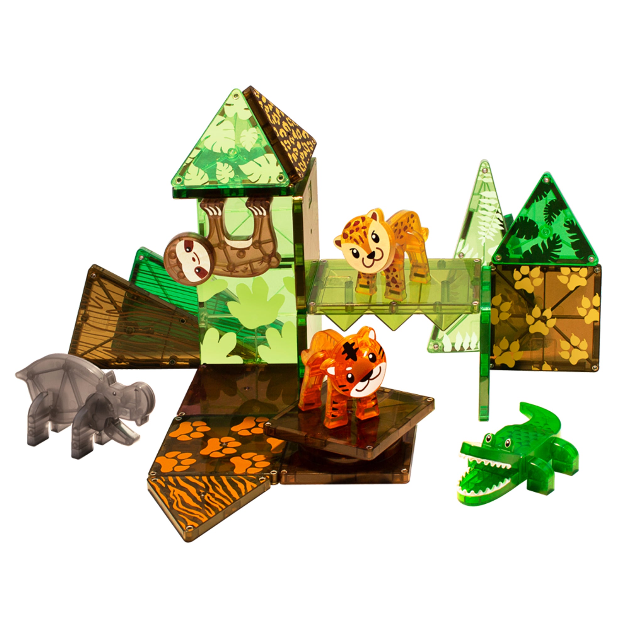 Toy set with animal figures and transparent structures on a white background