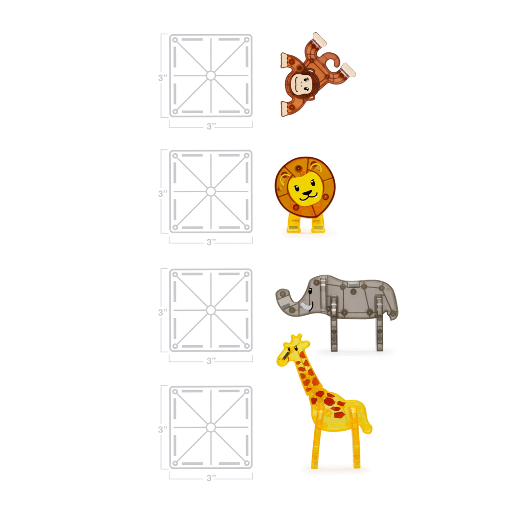 Illustrations of a monkey, lion, elephant, and giraffe with measurements on a white background
