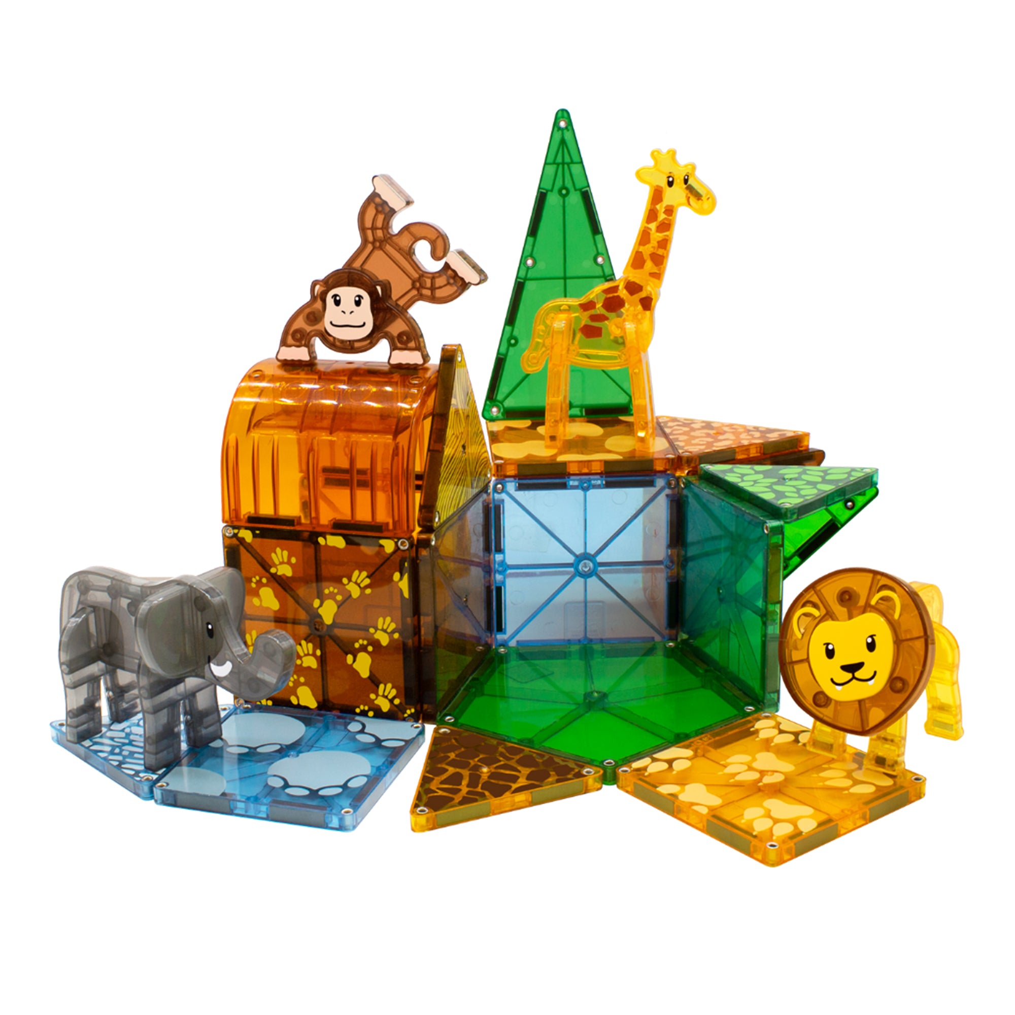 Toy building set with animal figures on a white background