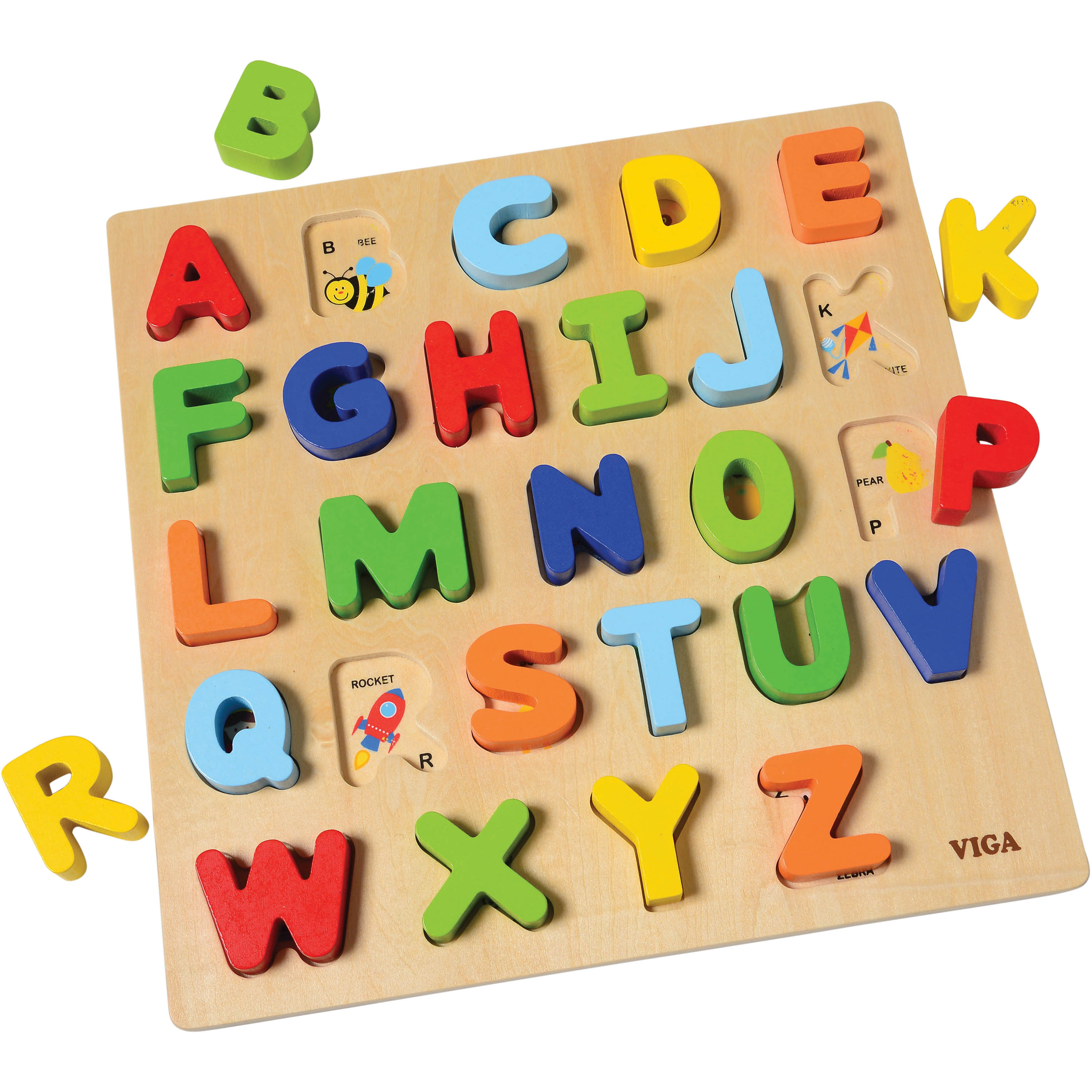 Wooden alphabet puzzle with colorful letters on a white background