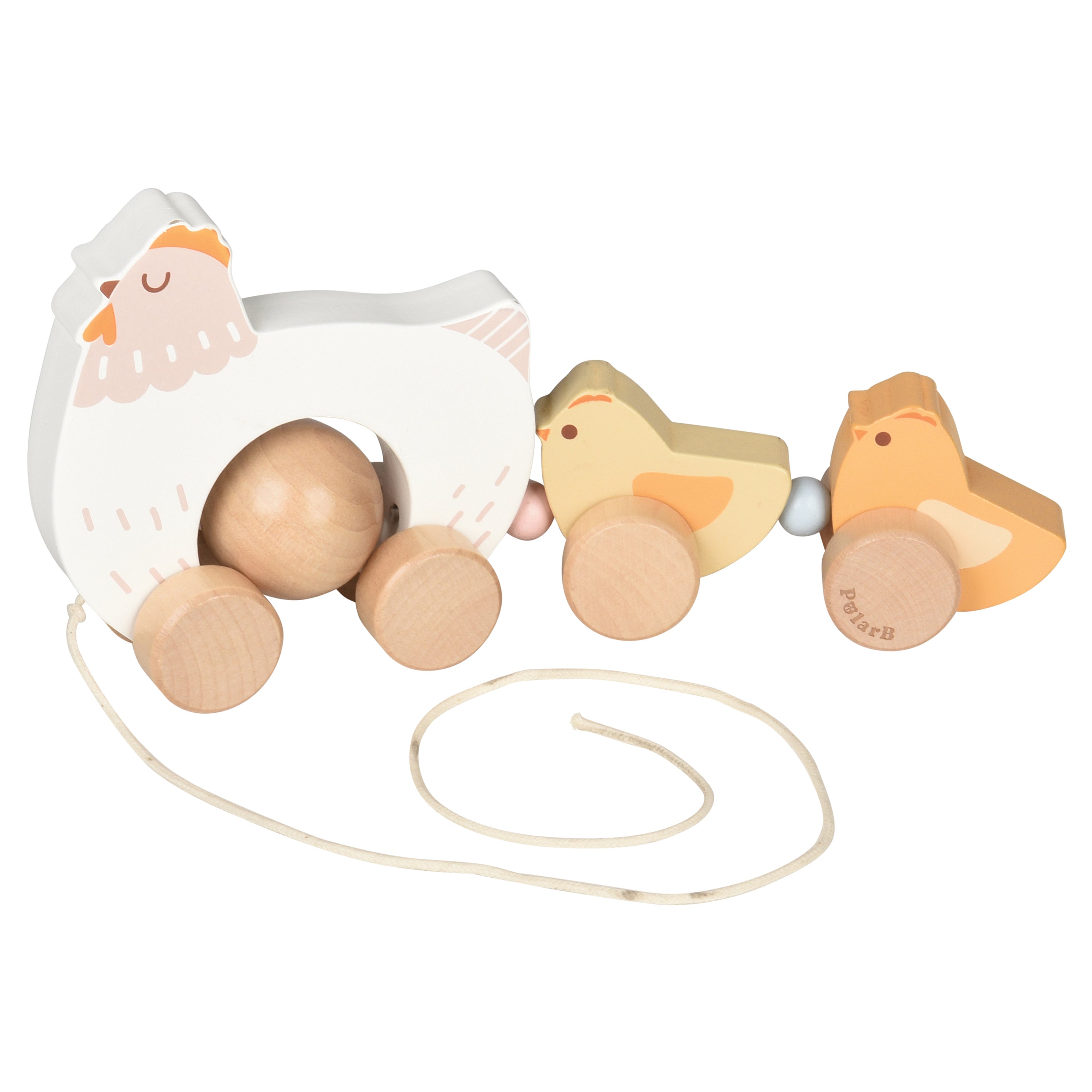 Wooden pull toy with a chicken and two chicks on a white background