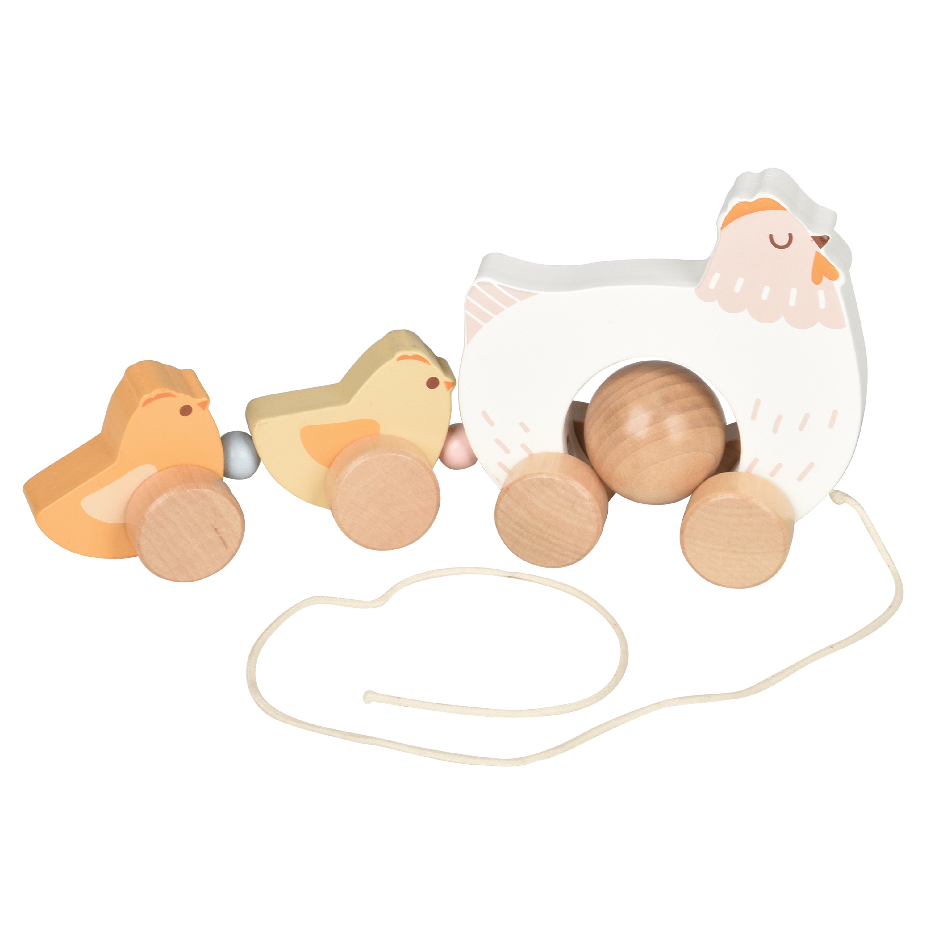 Wooden toy set with a chicken and three chicks on a white background
