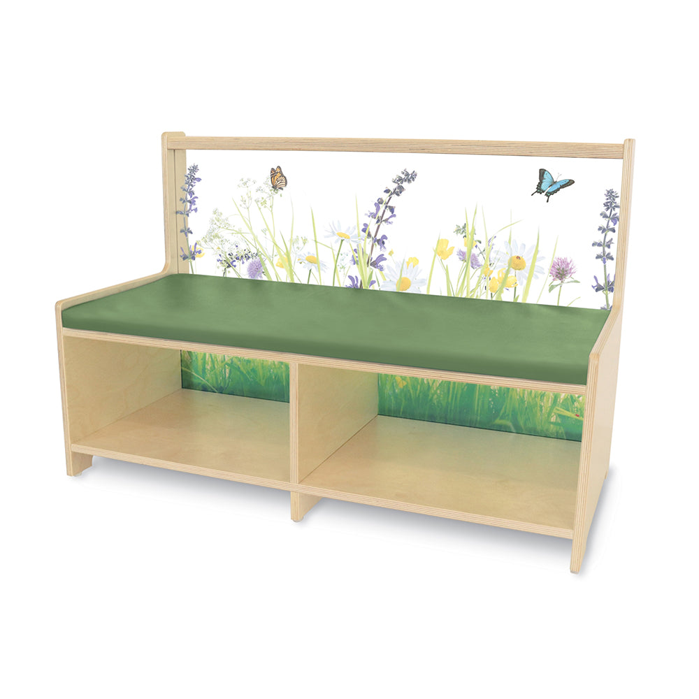 Nature View Straight Reading Sofa with Book Storage | Biophilic Modular Classroom Seating