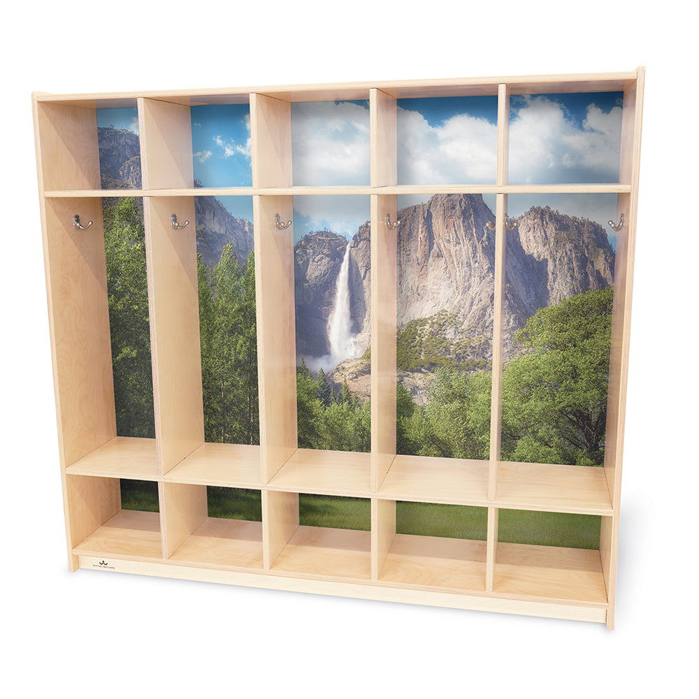 Nature View 5-Section Coat Locker | Preschool Locker with Mountain Scene & Doubl