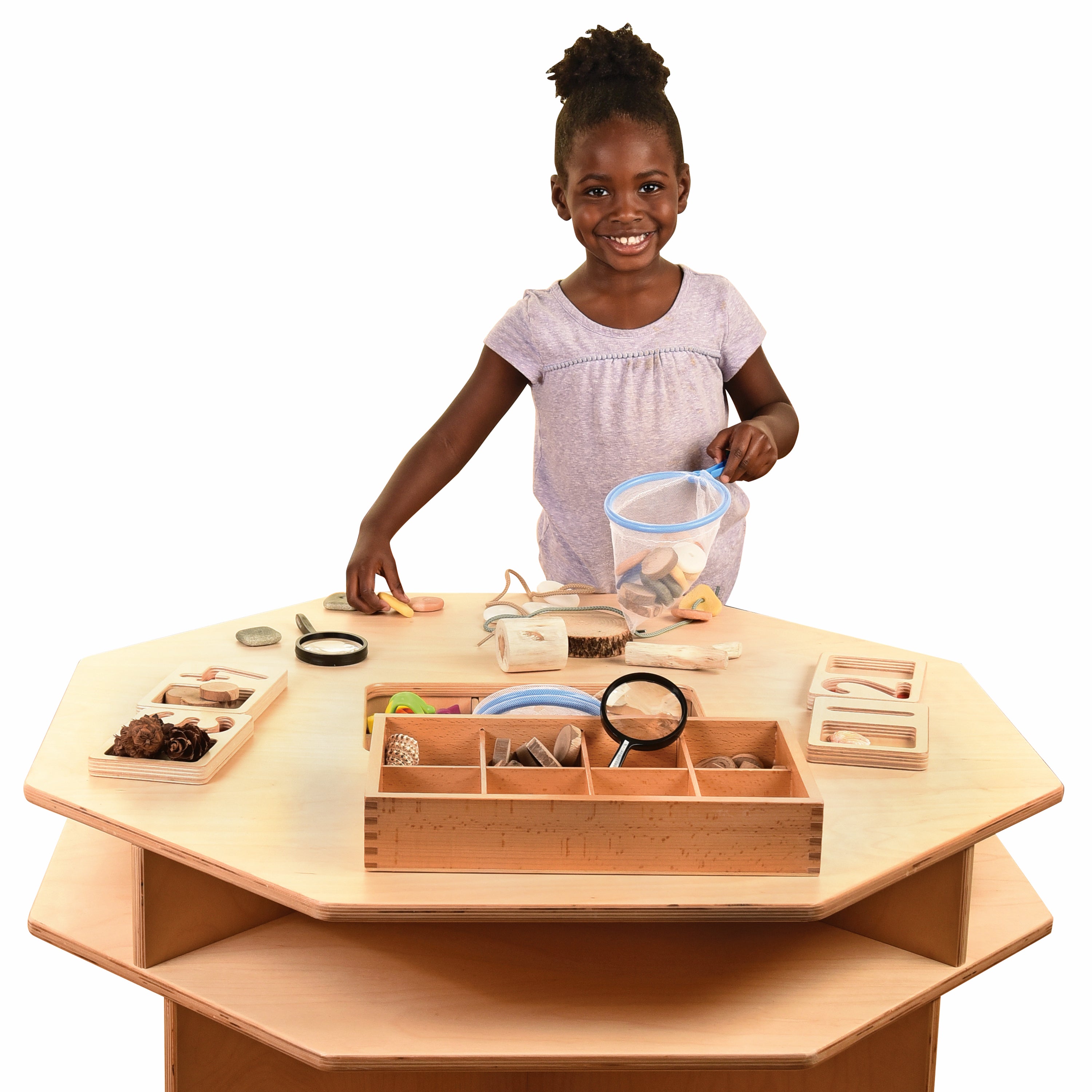 Wooden Discovery Table with 4 Classroom Stools | Hands on Science Center