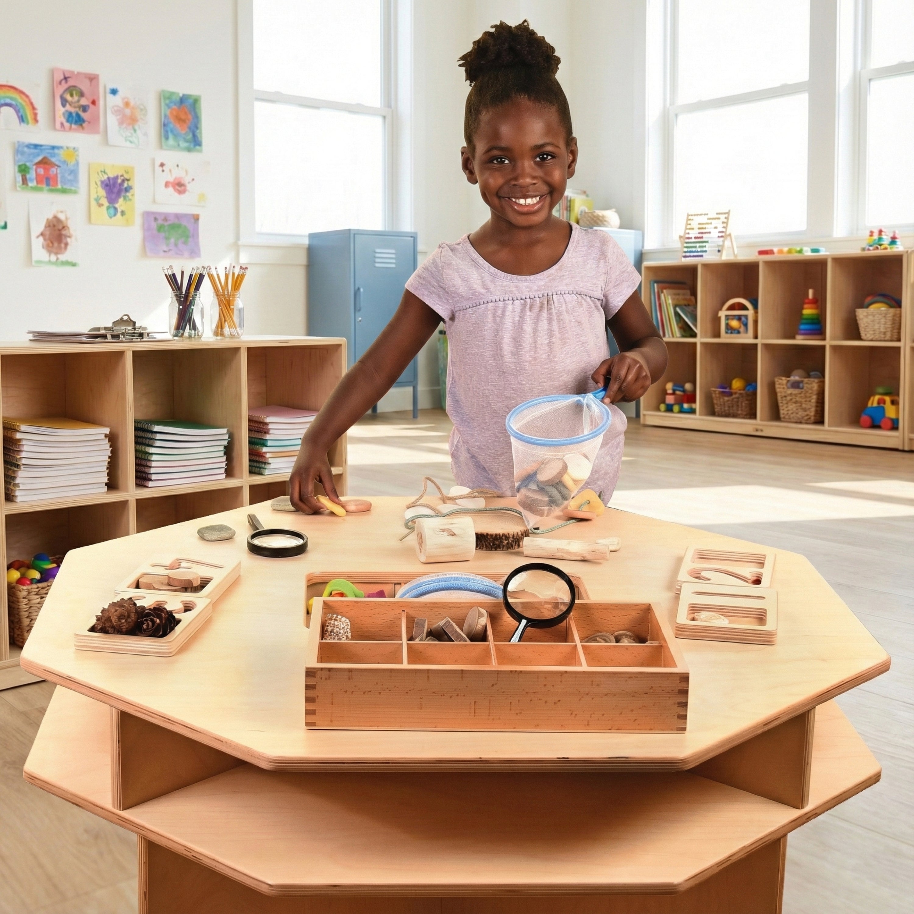 Wooden Discovery Table with 4 Classroom Stools | Hands on Science Center