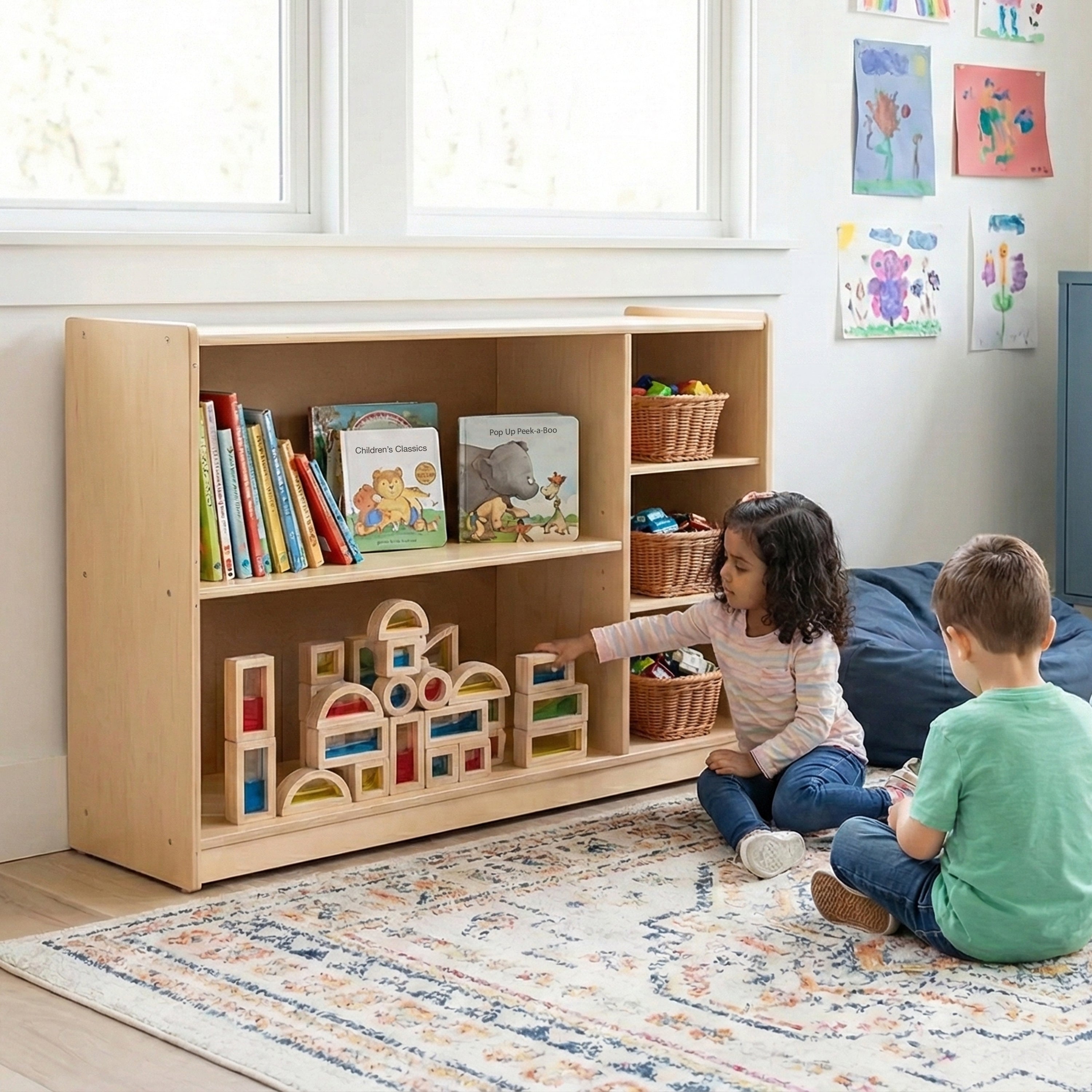 Multi-Level Birch Storage Shelves with Baskets | Durable & Eco-Friendly Classroom Organizer