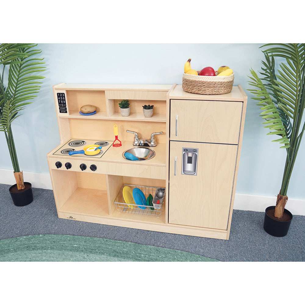 Compact Toddler Wooden Kitchen Playset with Stove, Sink, and Refrigerator in the Classroom Environment