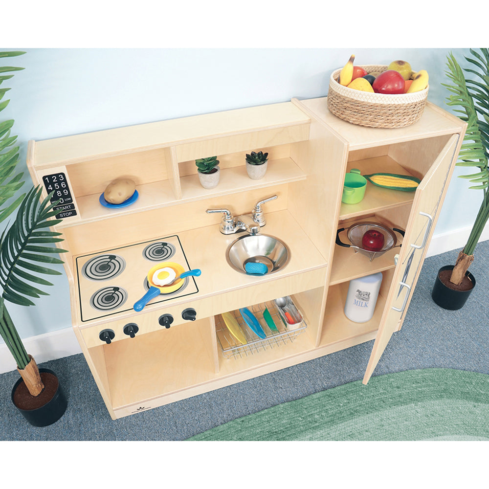 Top View of Compact Toddler Wooden Kitchen Playset in the Classroom