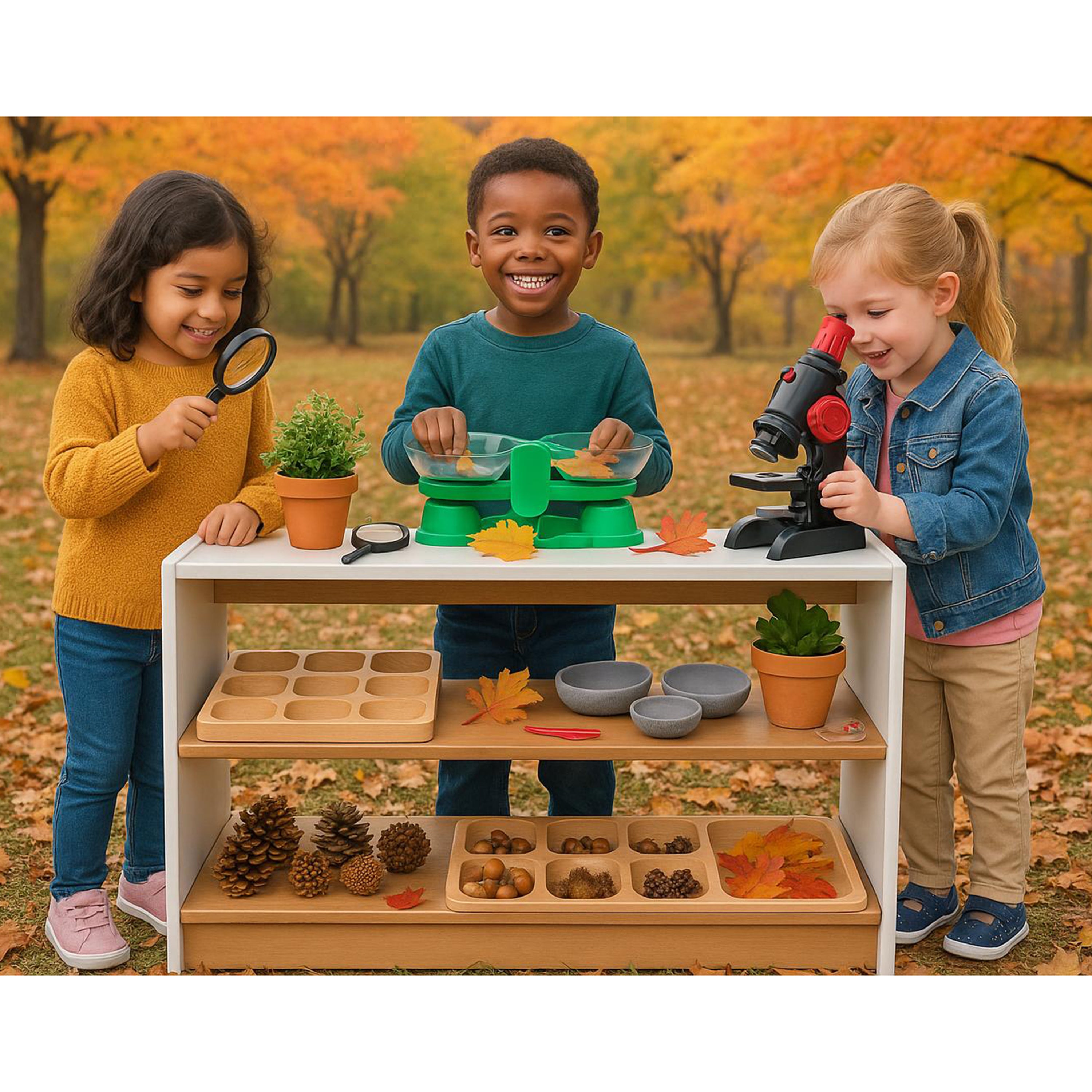 Children playing with a science kit on an outdoor table with autumn leaves and trees in the background.