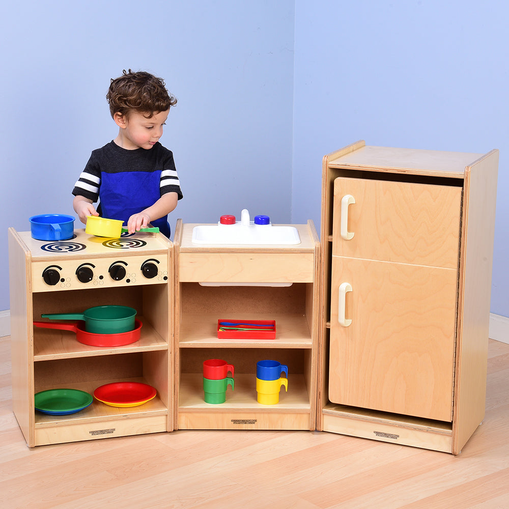 Safe Play Eco Friendly Wooden Toddler Kitchen 3 Piece Set with Stove Sink Refrigerator