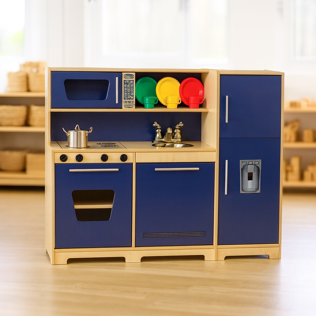 Children's play kitchen set with blue cabinets and wooden surface, featuring colorful toy dishes and pots.