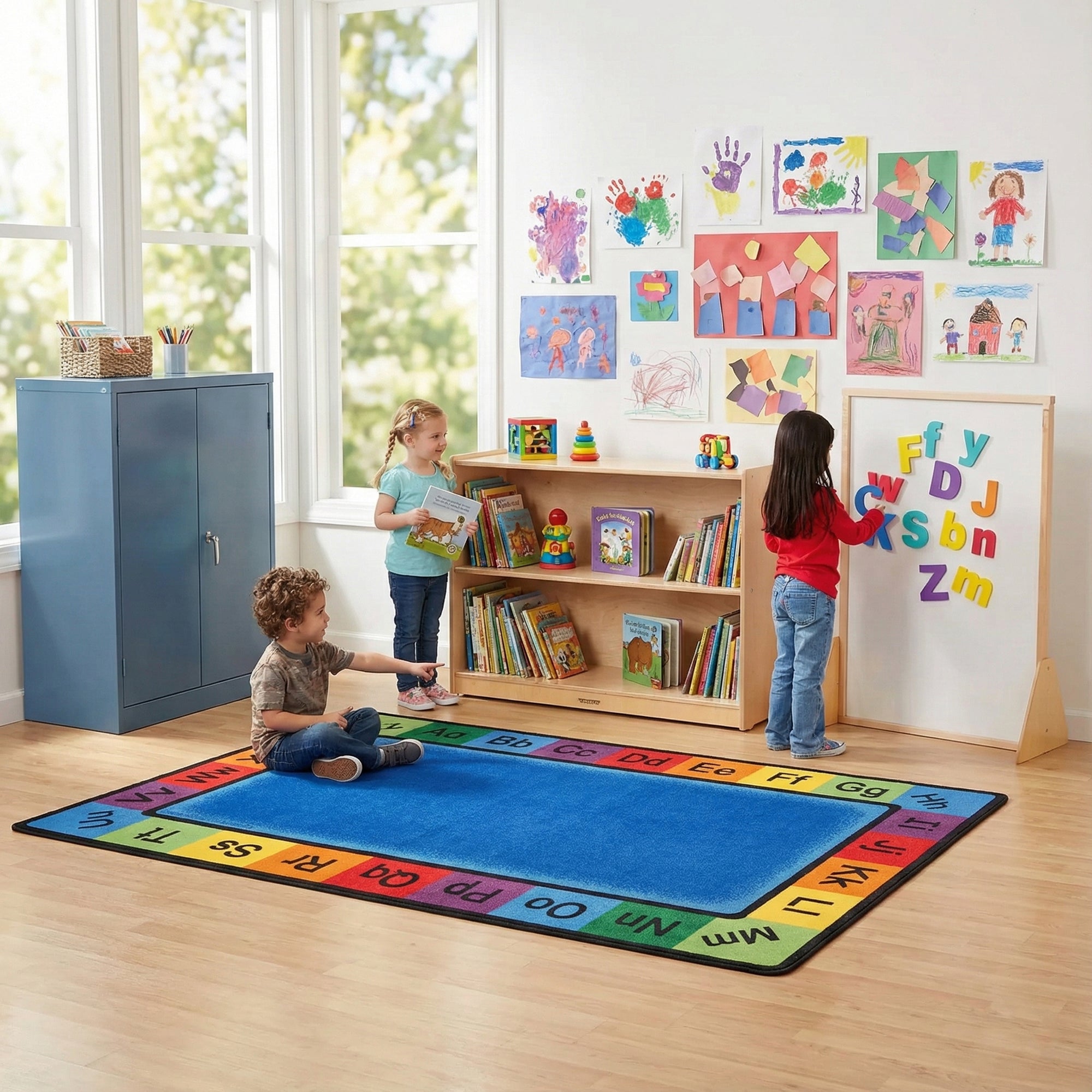 ABC Rainbow Alphabet Rug for Classrooms | 7' x 12' Rectangle, Blue ...