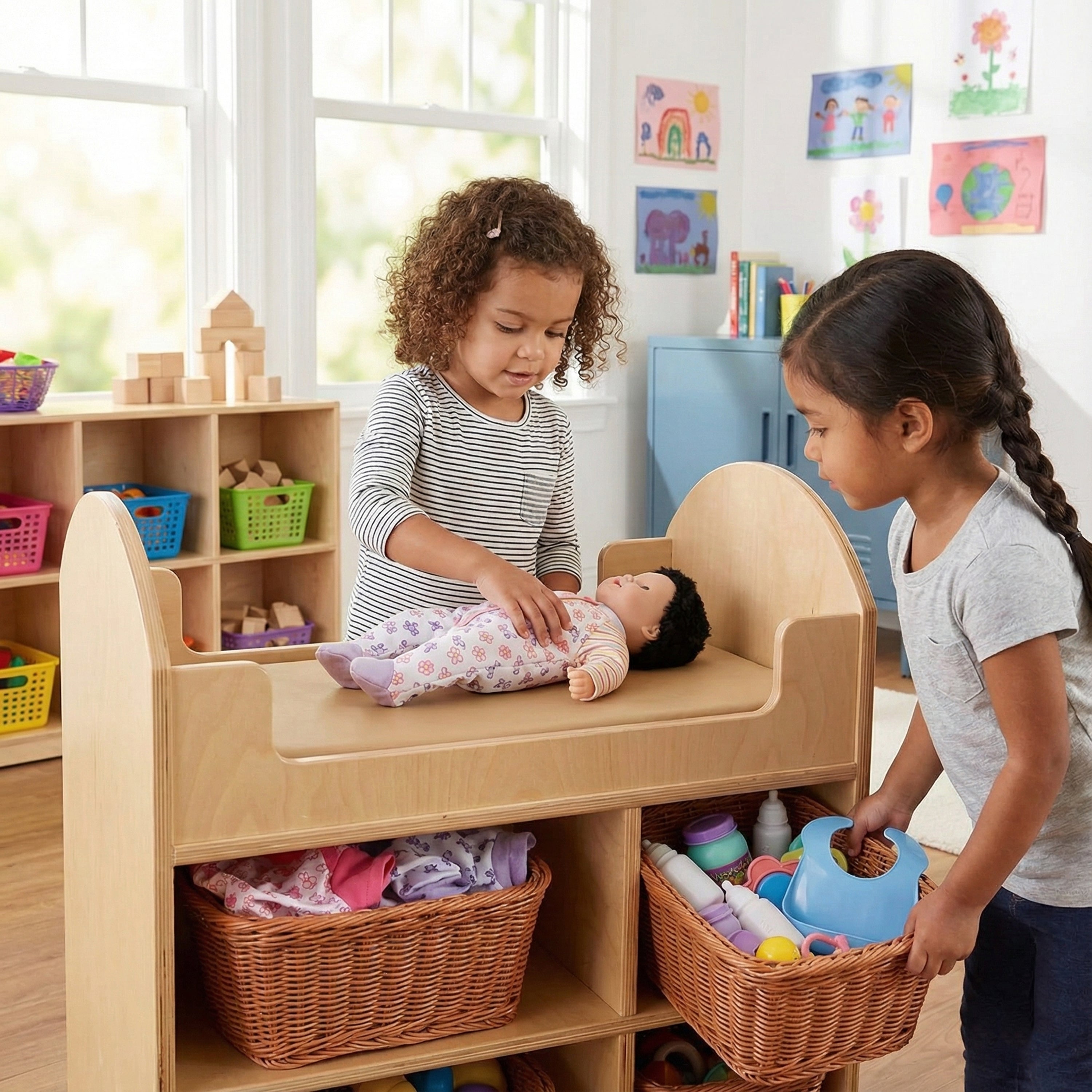 Eco-Friendly Doll Changing Table with Wicker Baskets