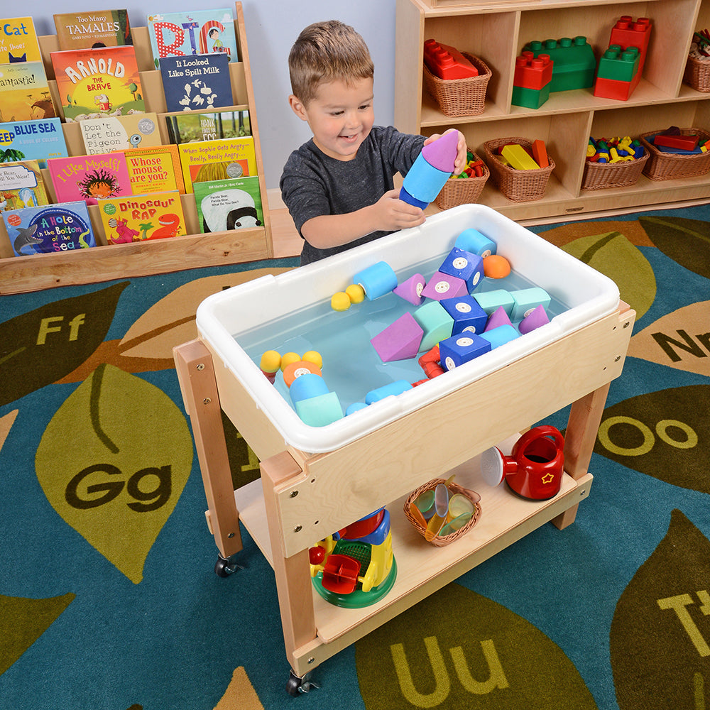 Toddler in Classroom with Toddler Sensory Sand & Water Table with Lid