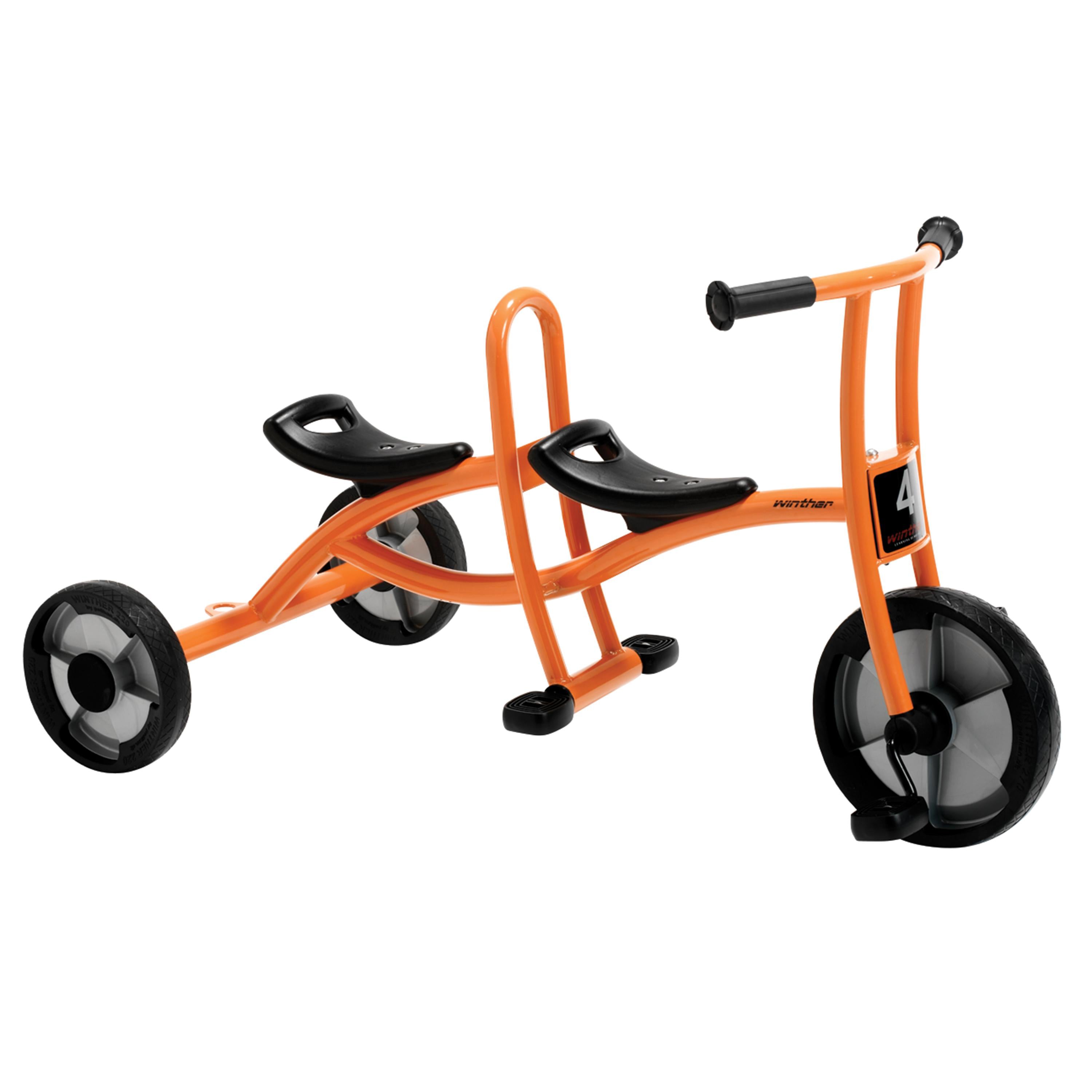 Orange and black tricycle on a white background