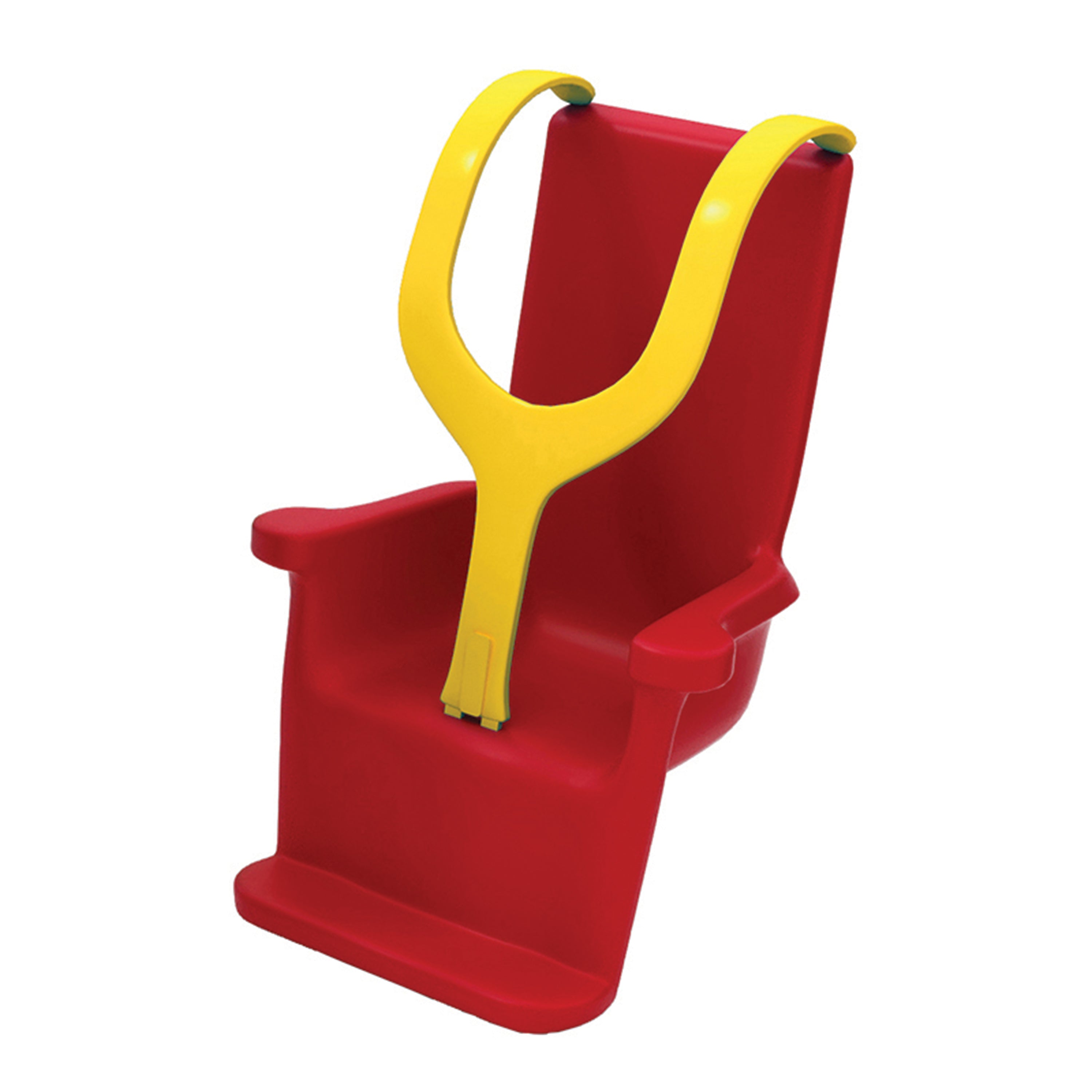 Red and yellow plastic seat with handle on a white background