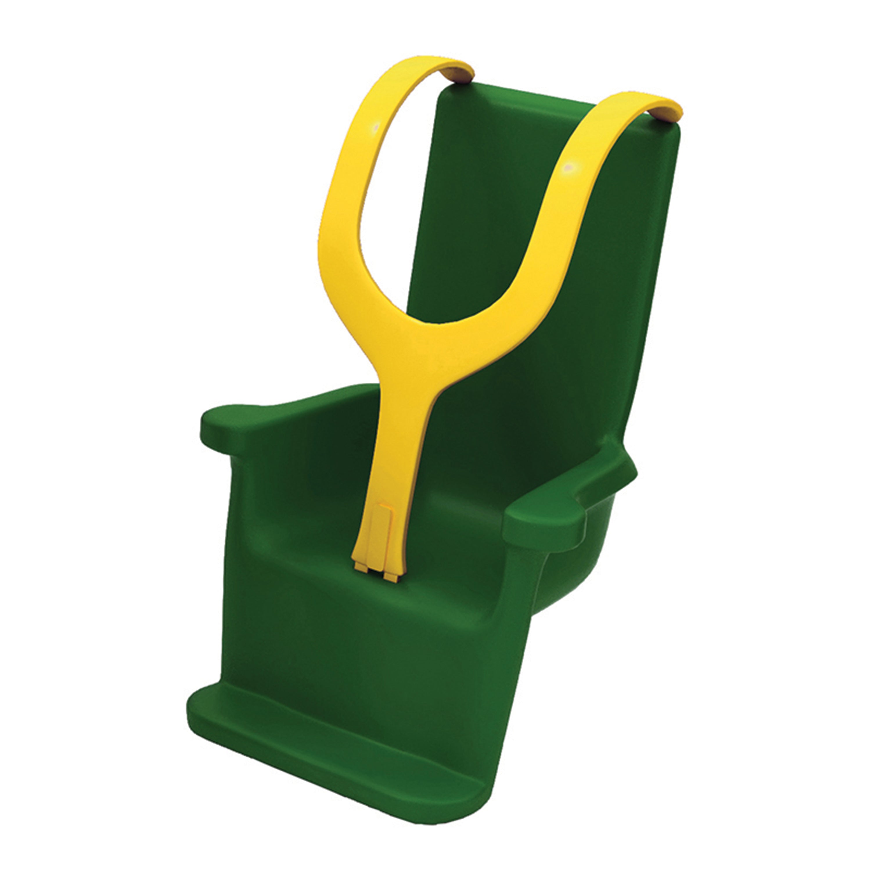 Green and yellow plastic seat with a handle on a white background