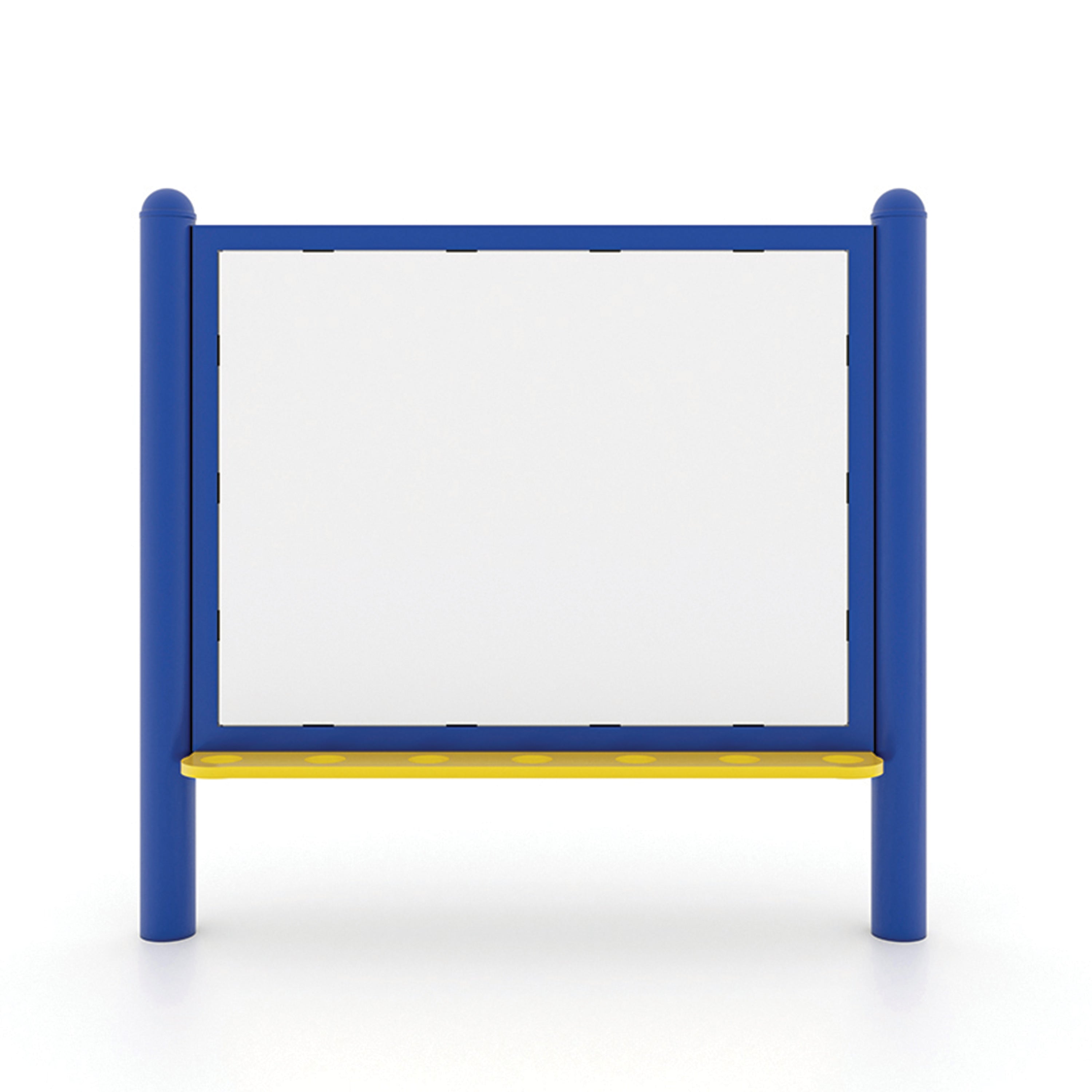 Children's whiteboard with blue frame and yellow base on a white background