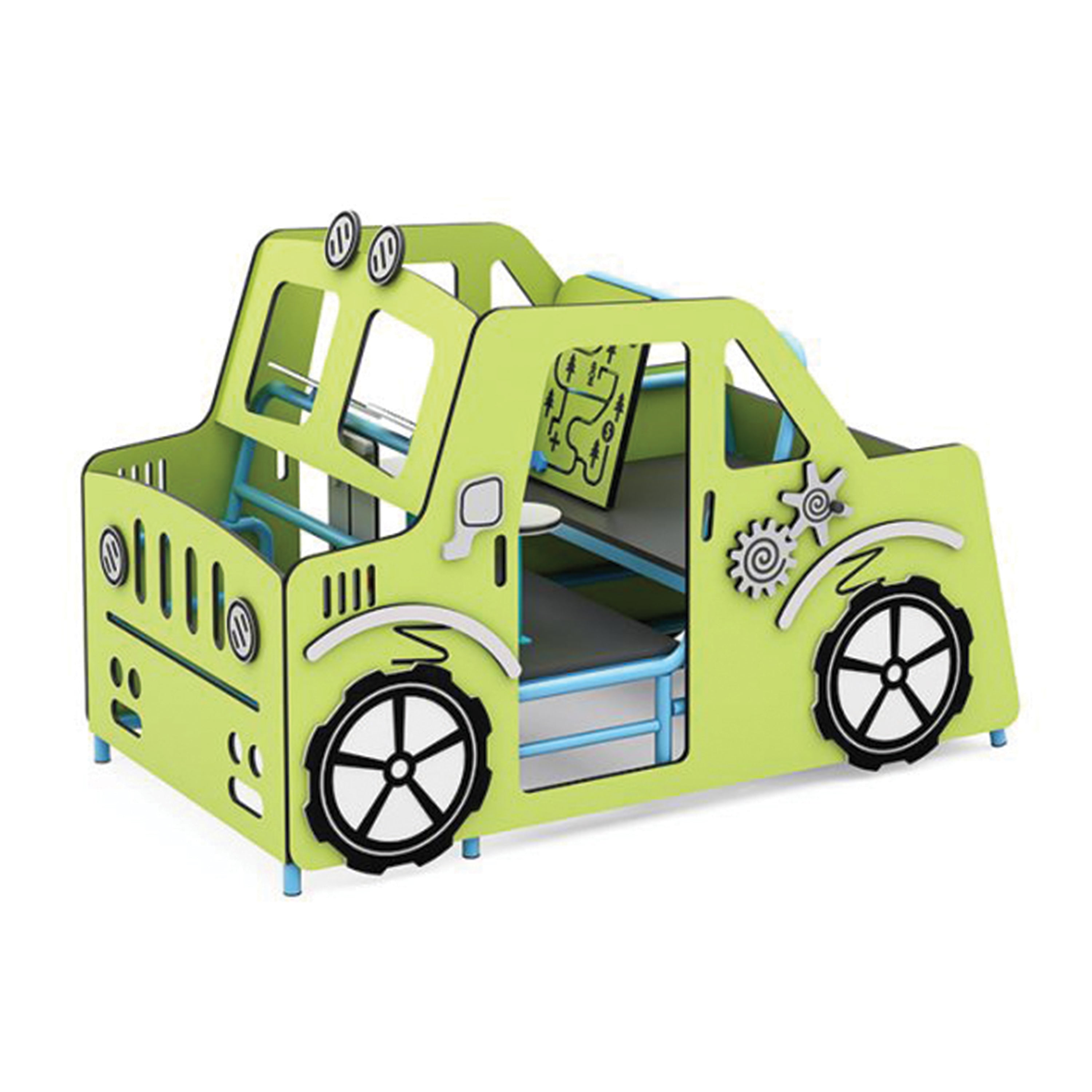 Children's playground car with green body and black wheels on a white background