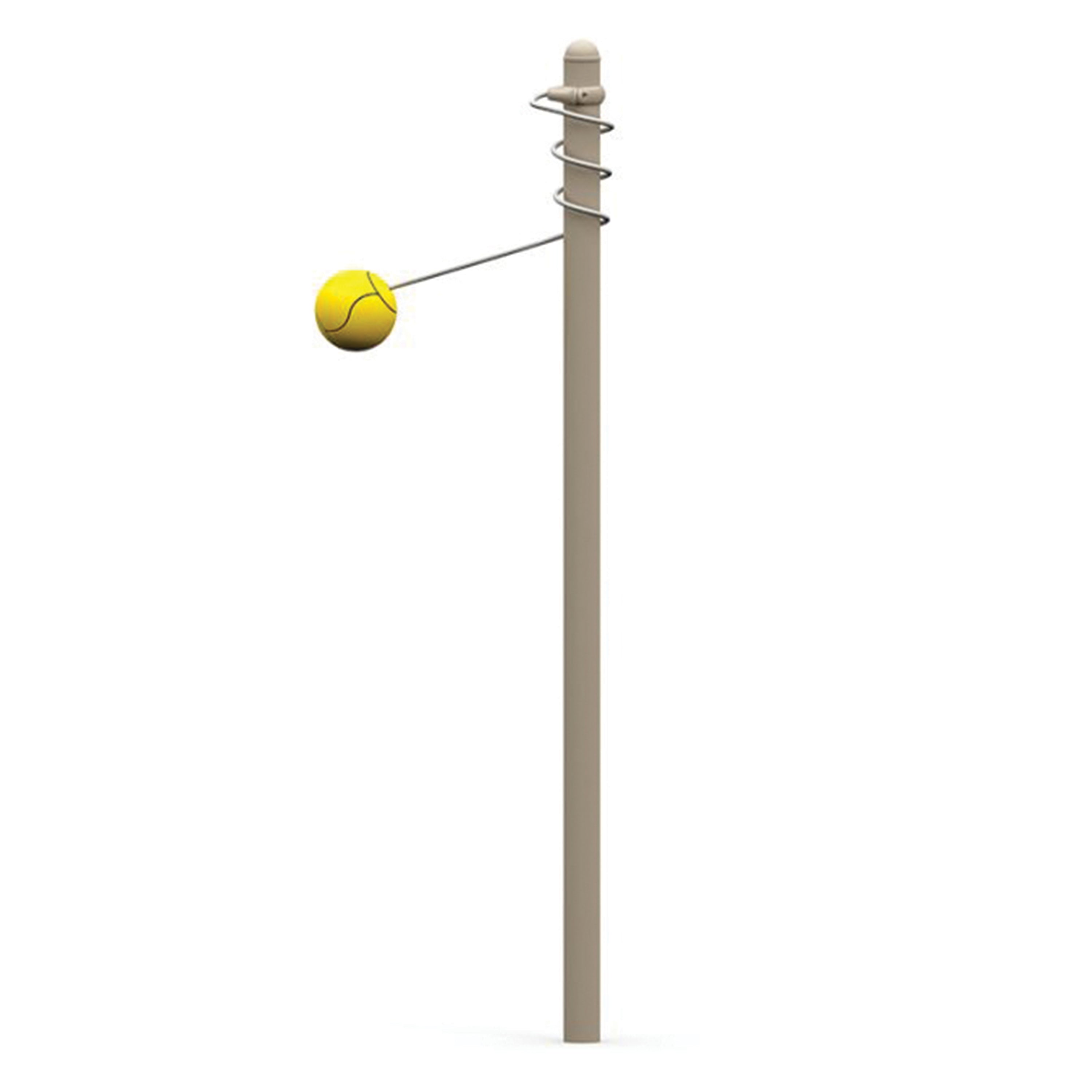 Yellow tennis ball attached to a gray pole on a white background