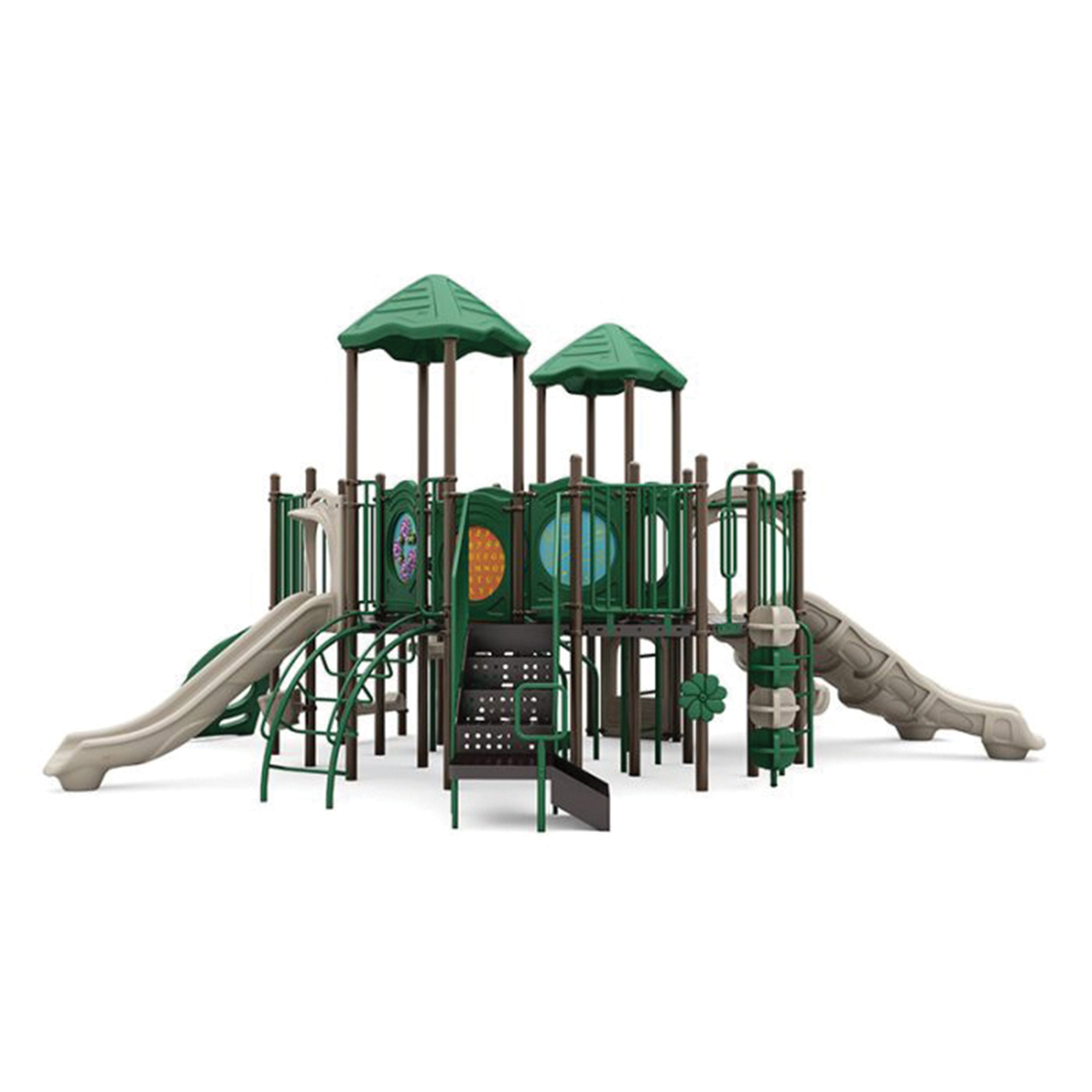 Children's playground structure with slides and platforms on a white background