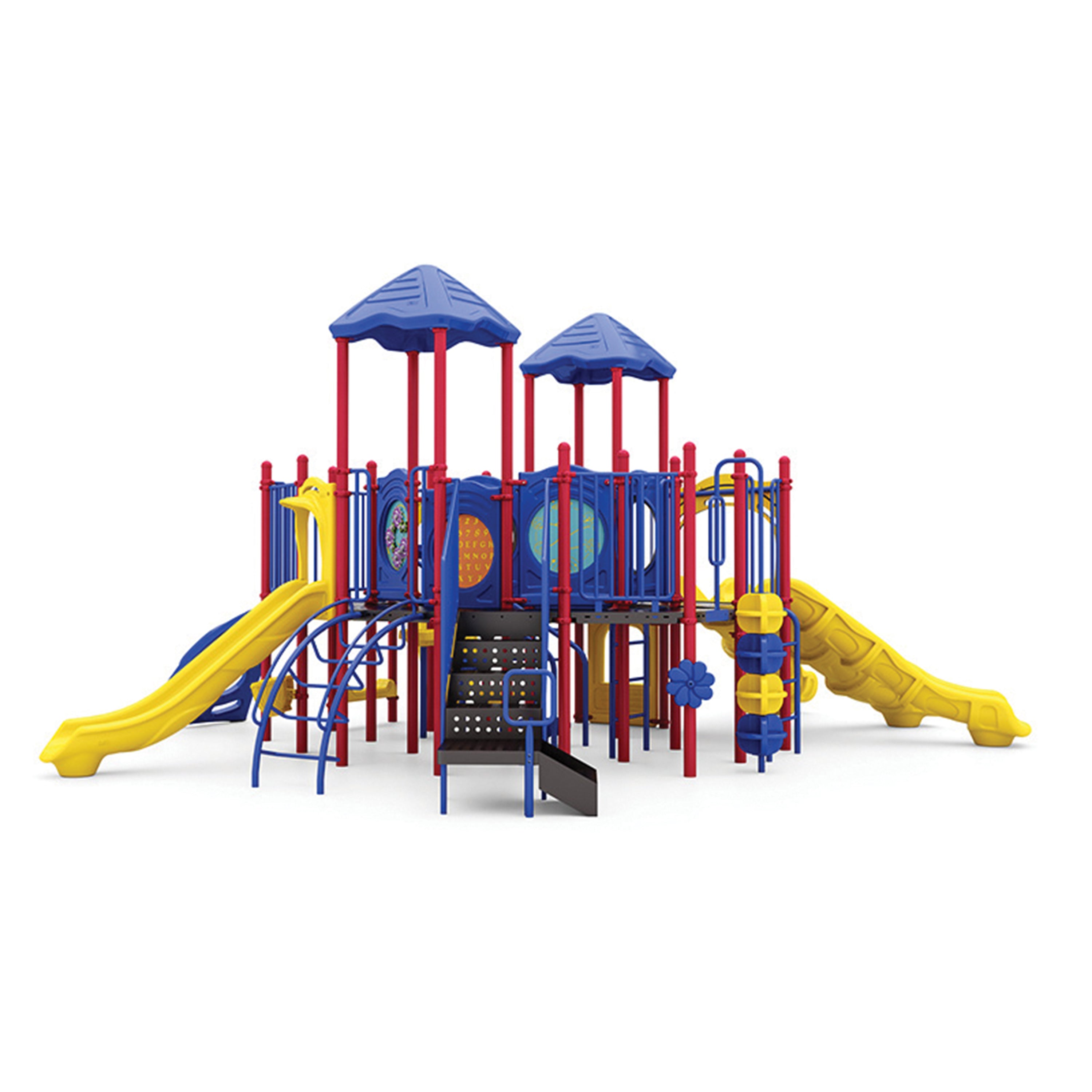 Colorful playground structure with slides and climbing elements on a white background