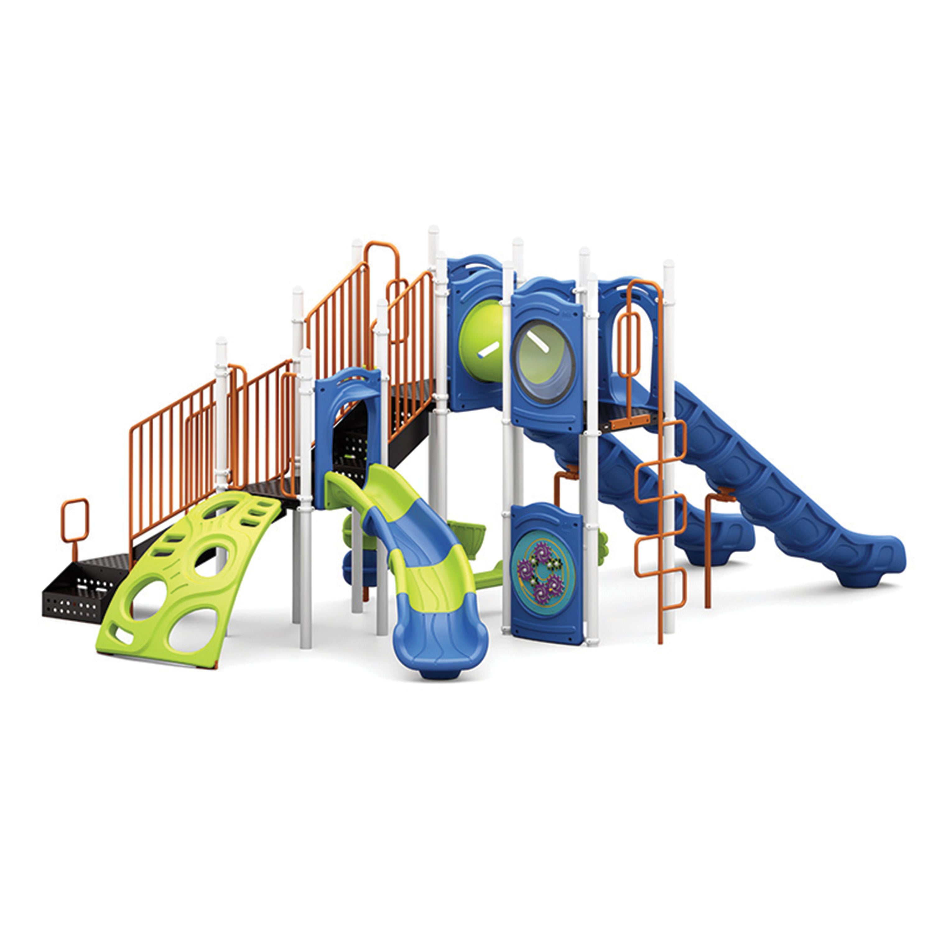 Children's playground structure with slides and climbing elements on a white background