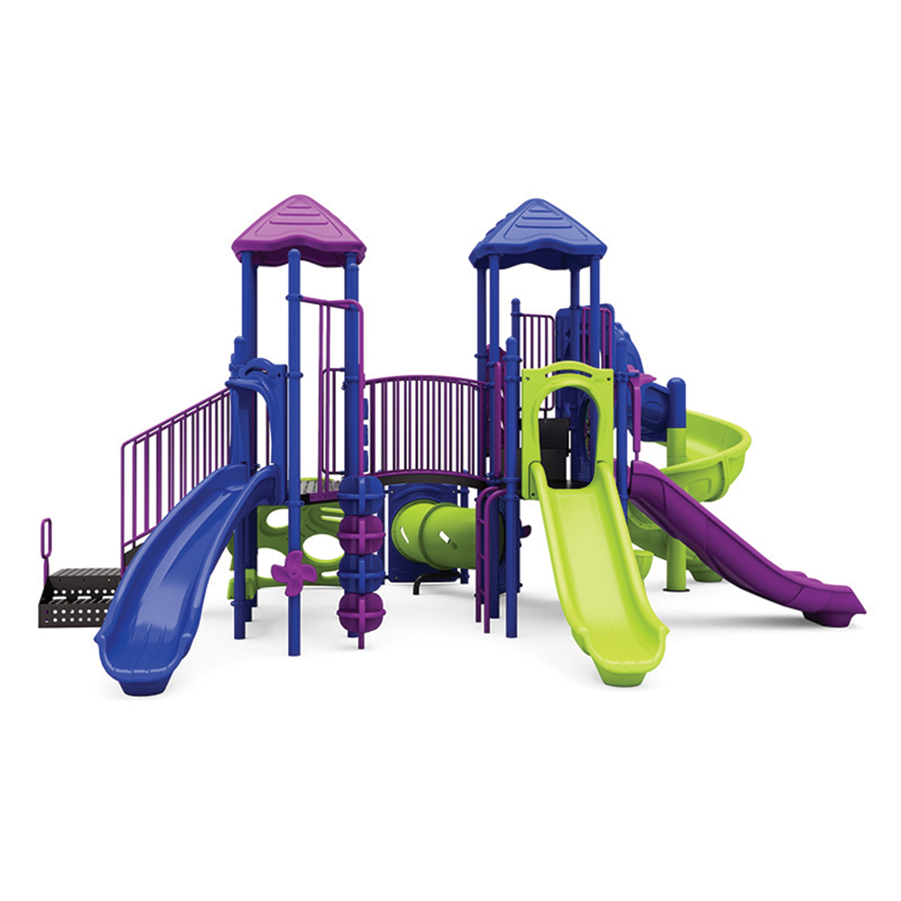 Colorful playground structure with slides and towers on a white background
