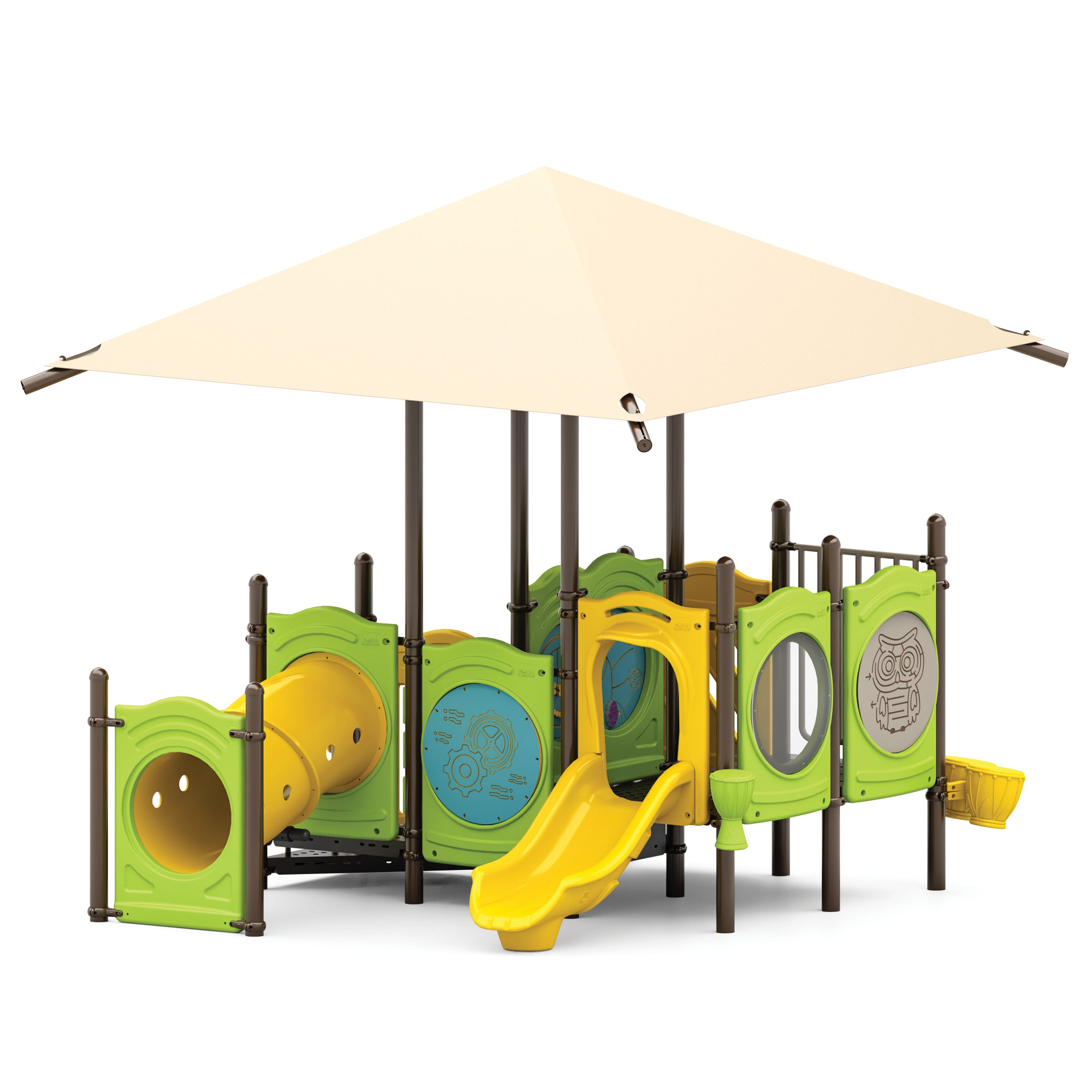 Children's playground structure with slides and play panels under a canopy on a white background