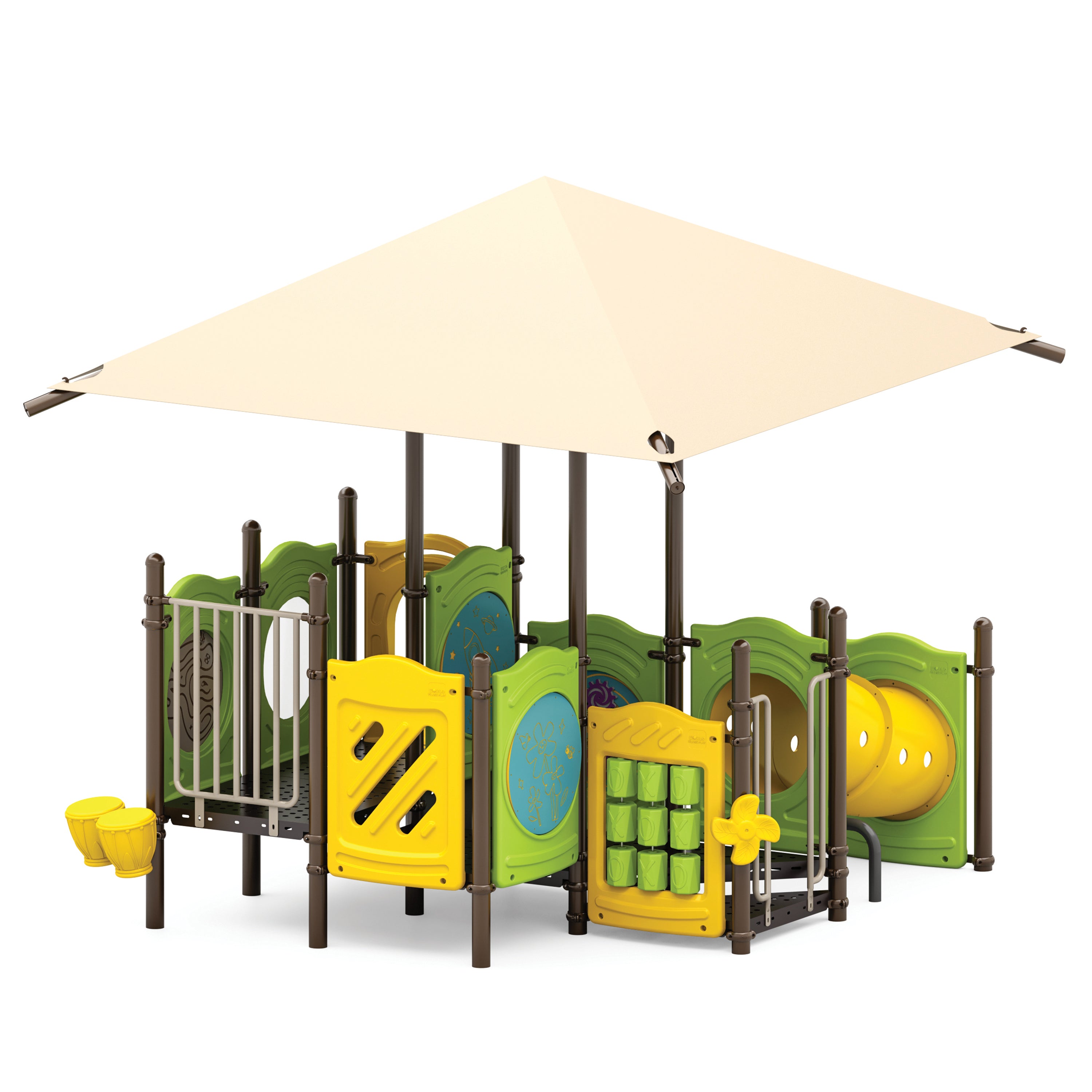 Children's playground structure with colorful panels and a beige canopy on a white background