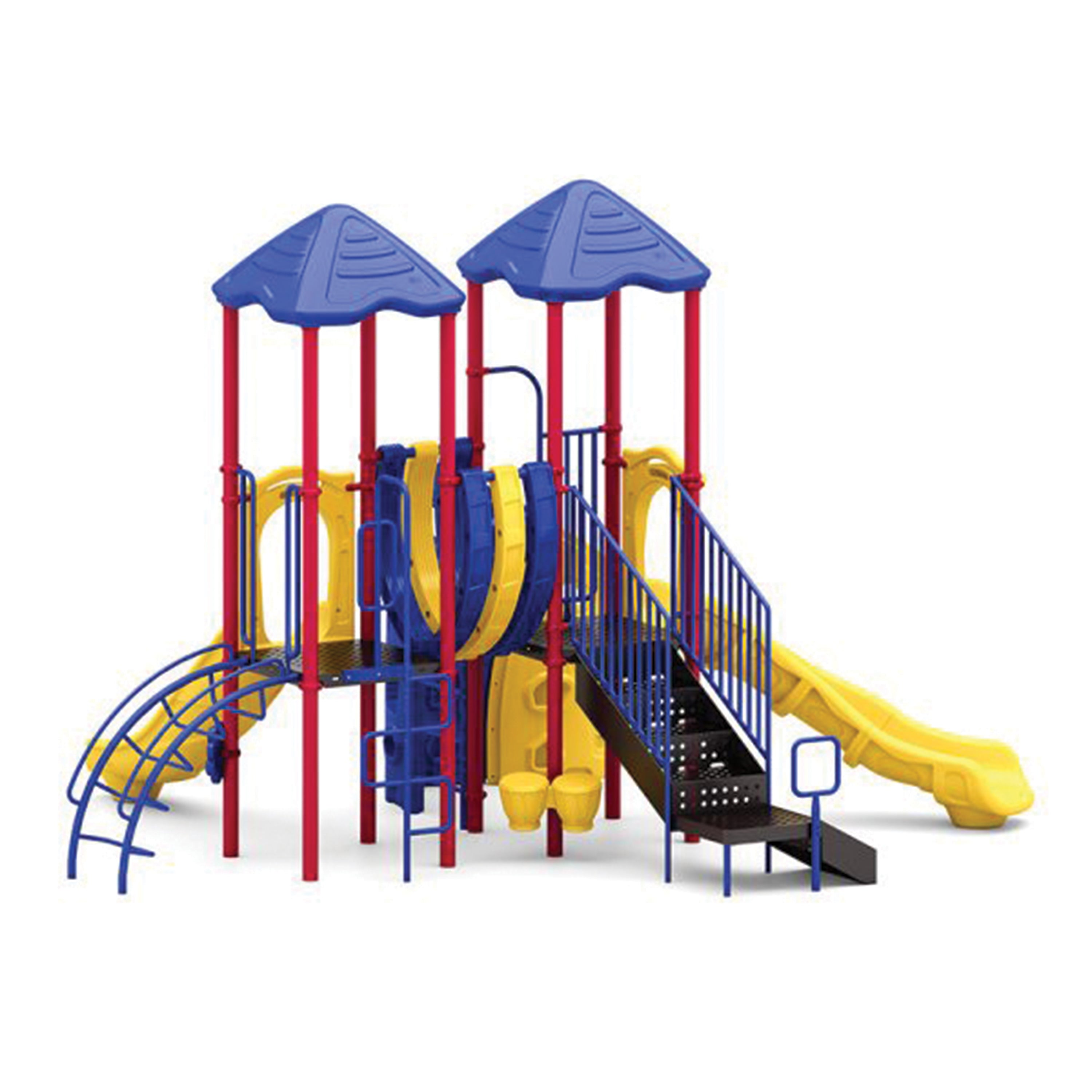 Colorful playground structure with slides and climbing elements on a white background