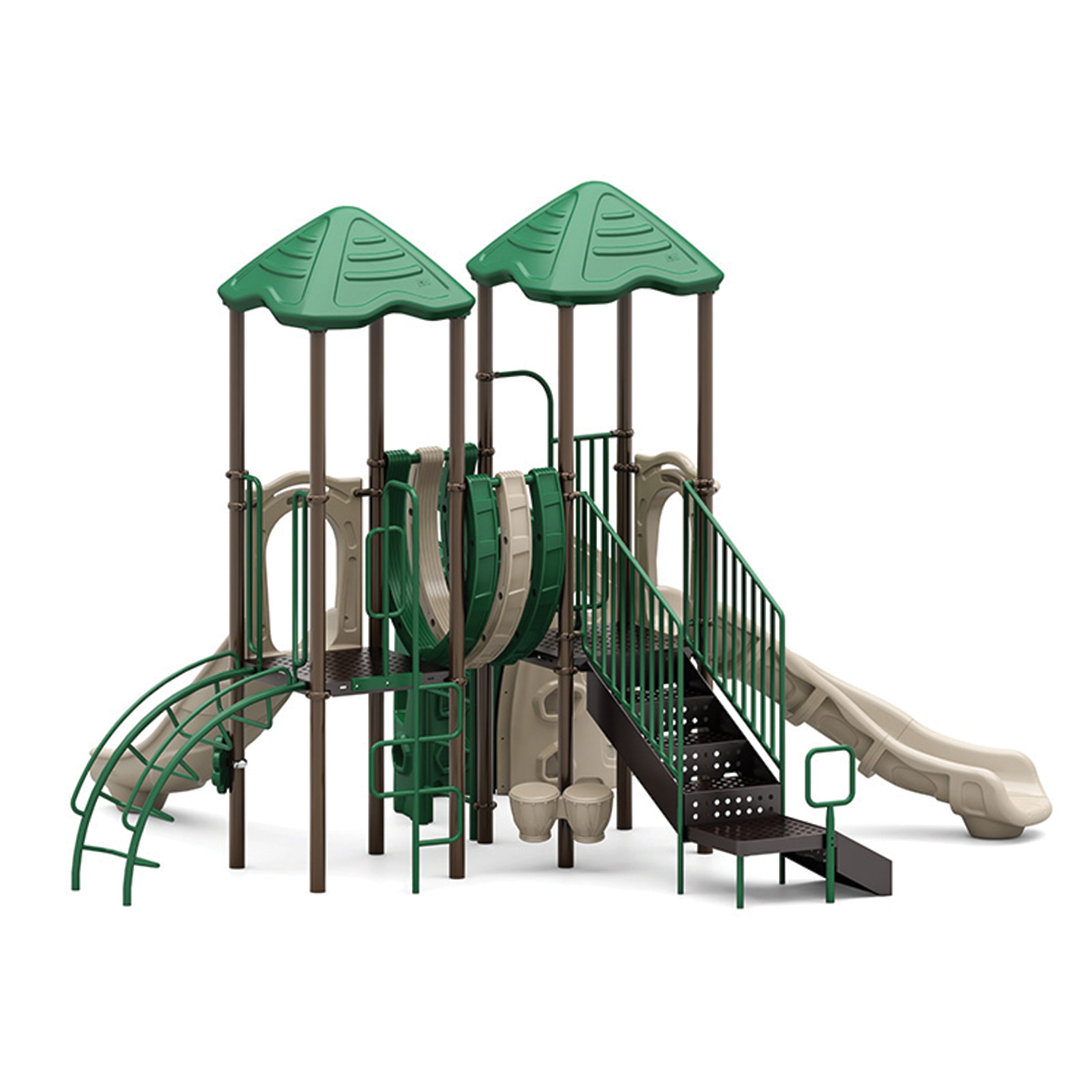 Children's playground structure with slides and climbing elements on a white background