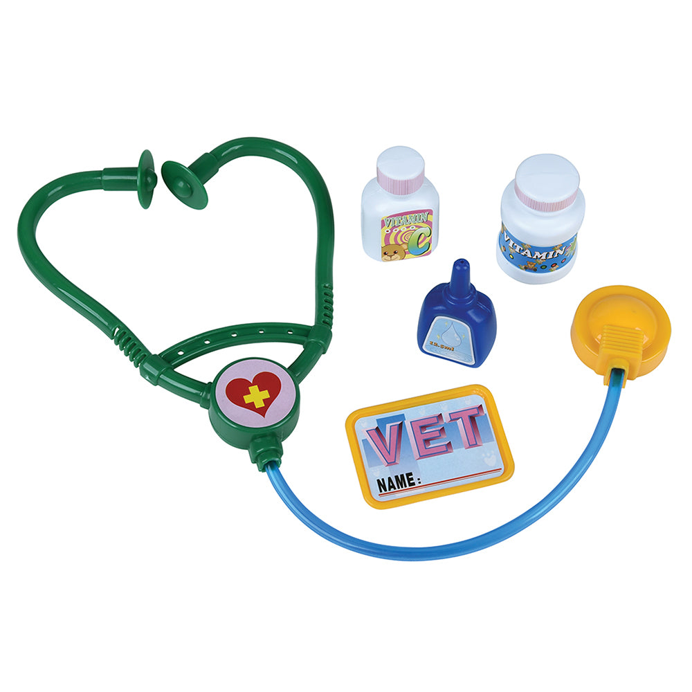 Toy stethoscope with vet label and small bottles on a white background